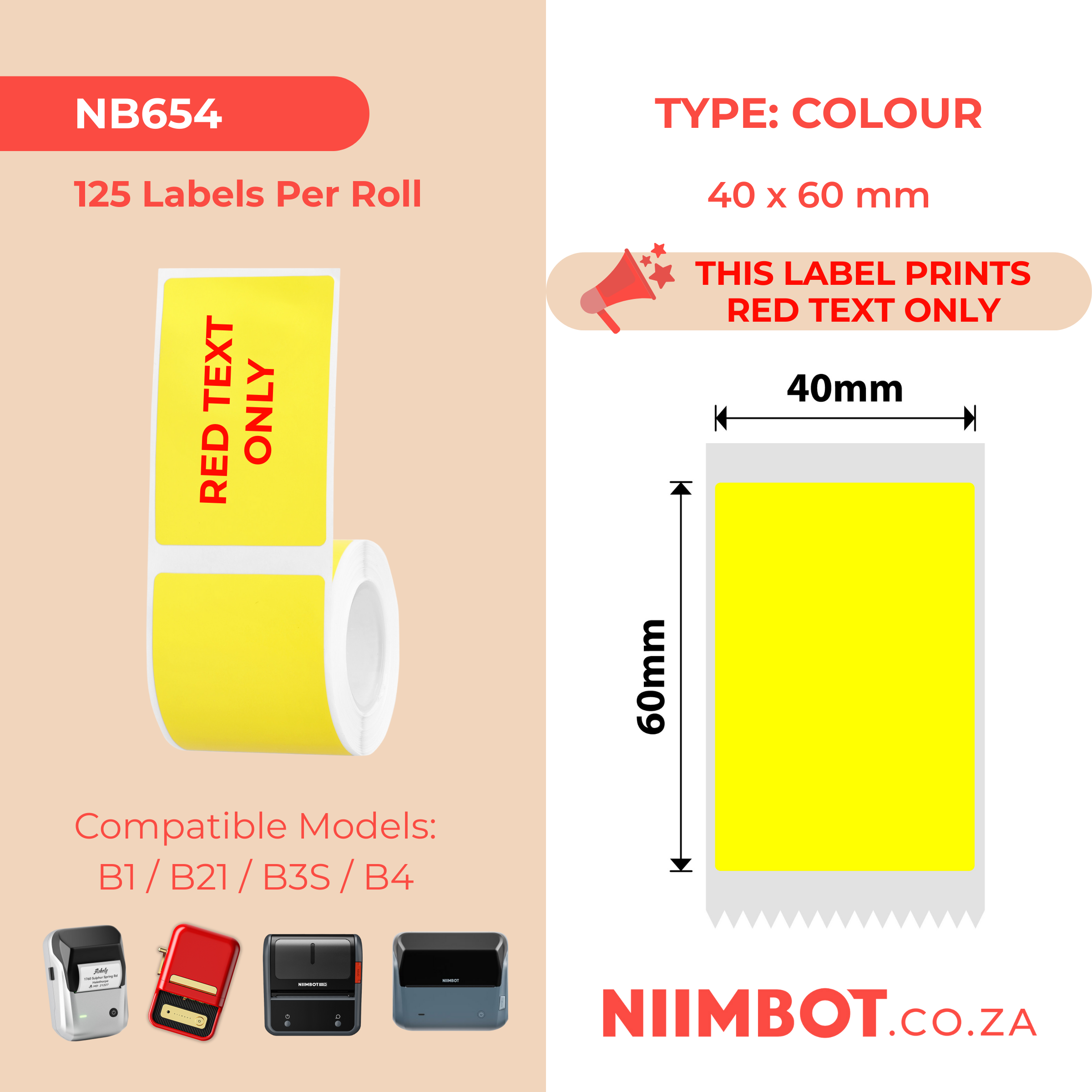 NB654 - NIIMBOT - B1 / B21 / B3S / B4 - T40X60 - 125 LABELS PER ROLL - YELLOW - RED TEXT ONLY - RECTANGLE