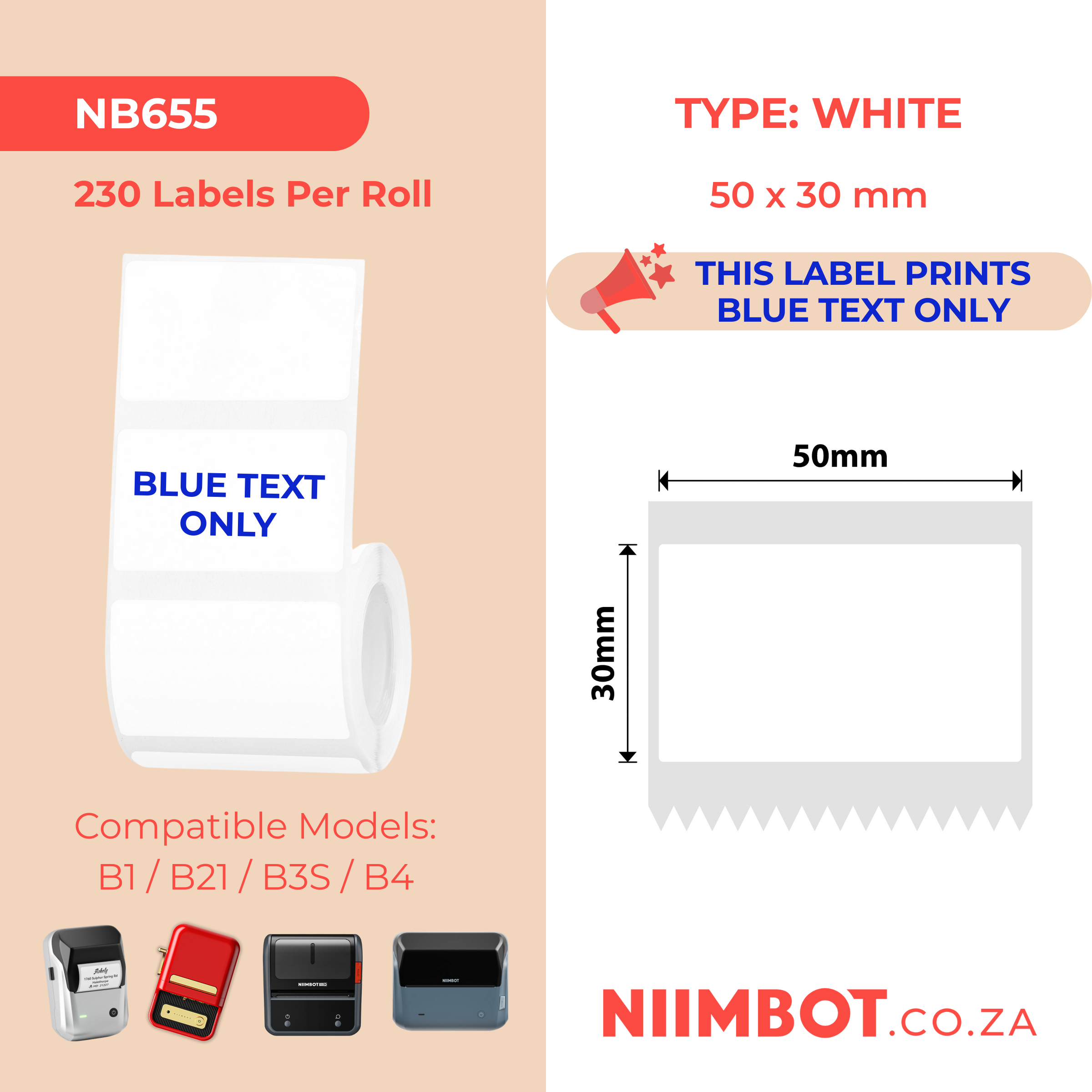 NB655 - NIIMBOT - B1 / B21 / B3S / B4 - T50X30 - 230 LABELS PER ROLL - WHITE - BLUE TEXT ONLY - RECTANGLE