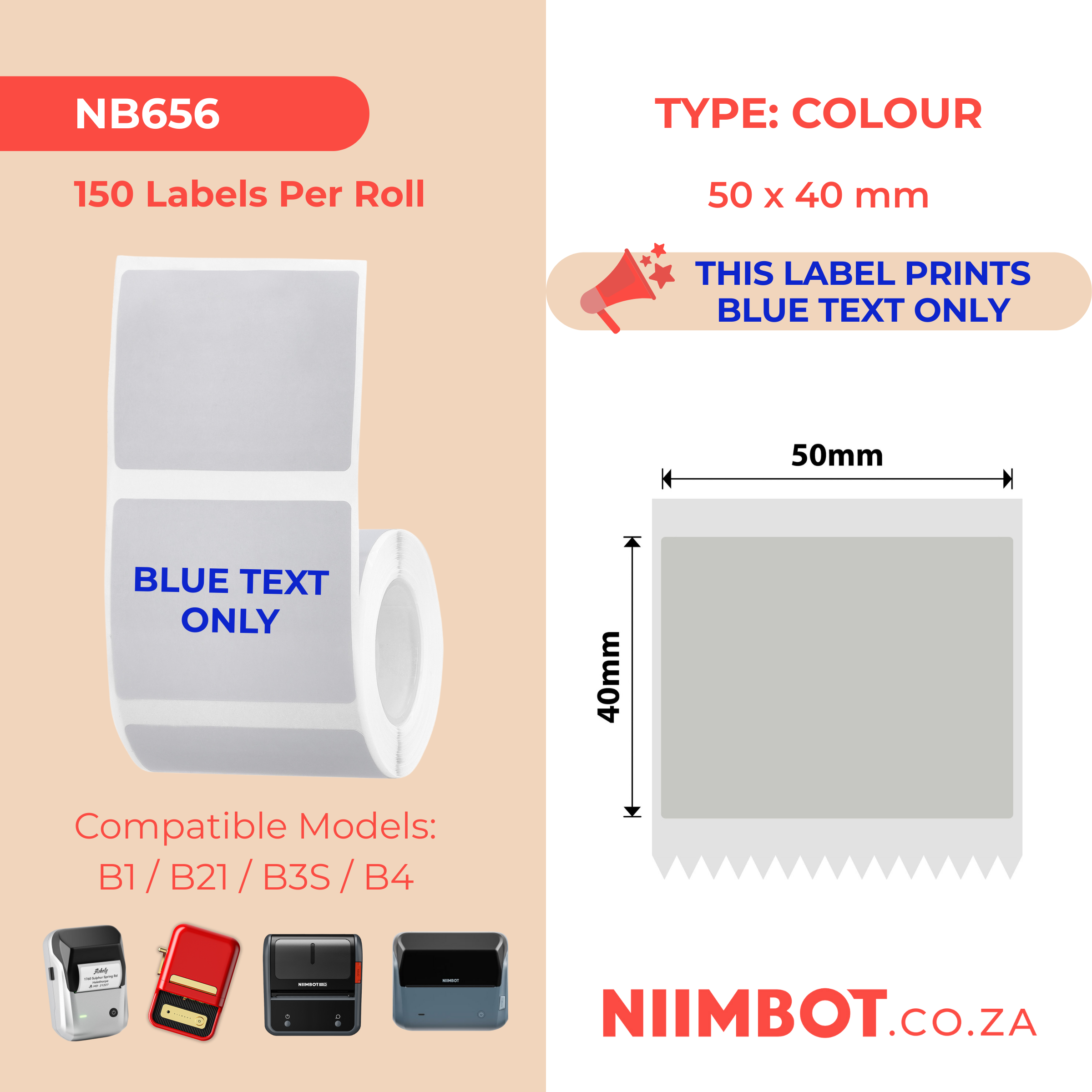 NB656 - NIIMBOT - B1 / B21 / B3S / B4 - T50X40 - 150 LABELS PER ROLL - SILVER GRAY - BLUE TEXT ONLY - RECTANGLE