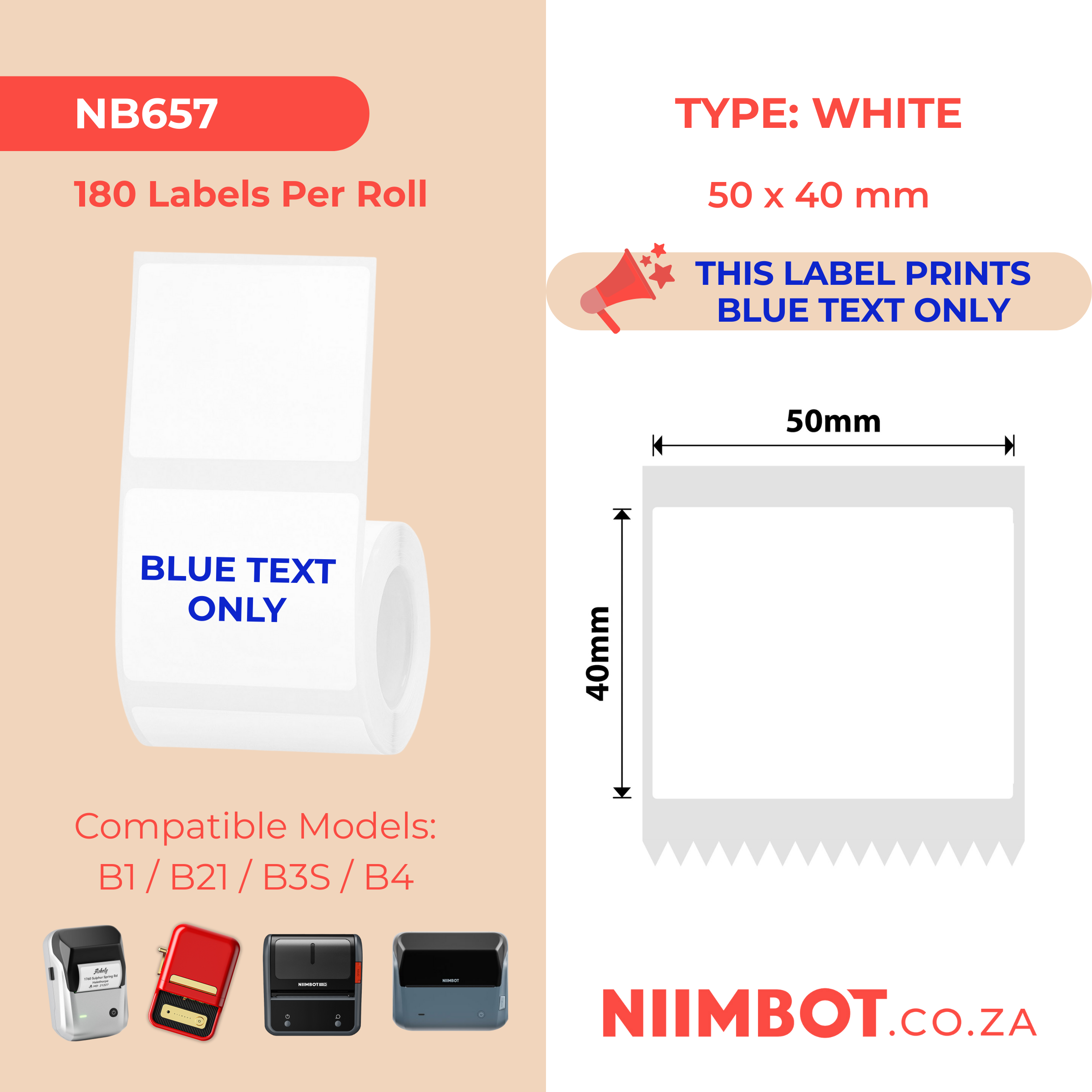 NB657 - NIIMBOT - B1 / B21 / B3S / B4 - T50X40 - 180 LABELS PER ROLL - WHITE - BLUE TEXT ONLY - RECTANGLE