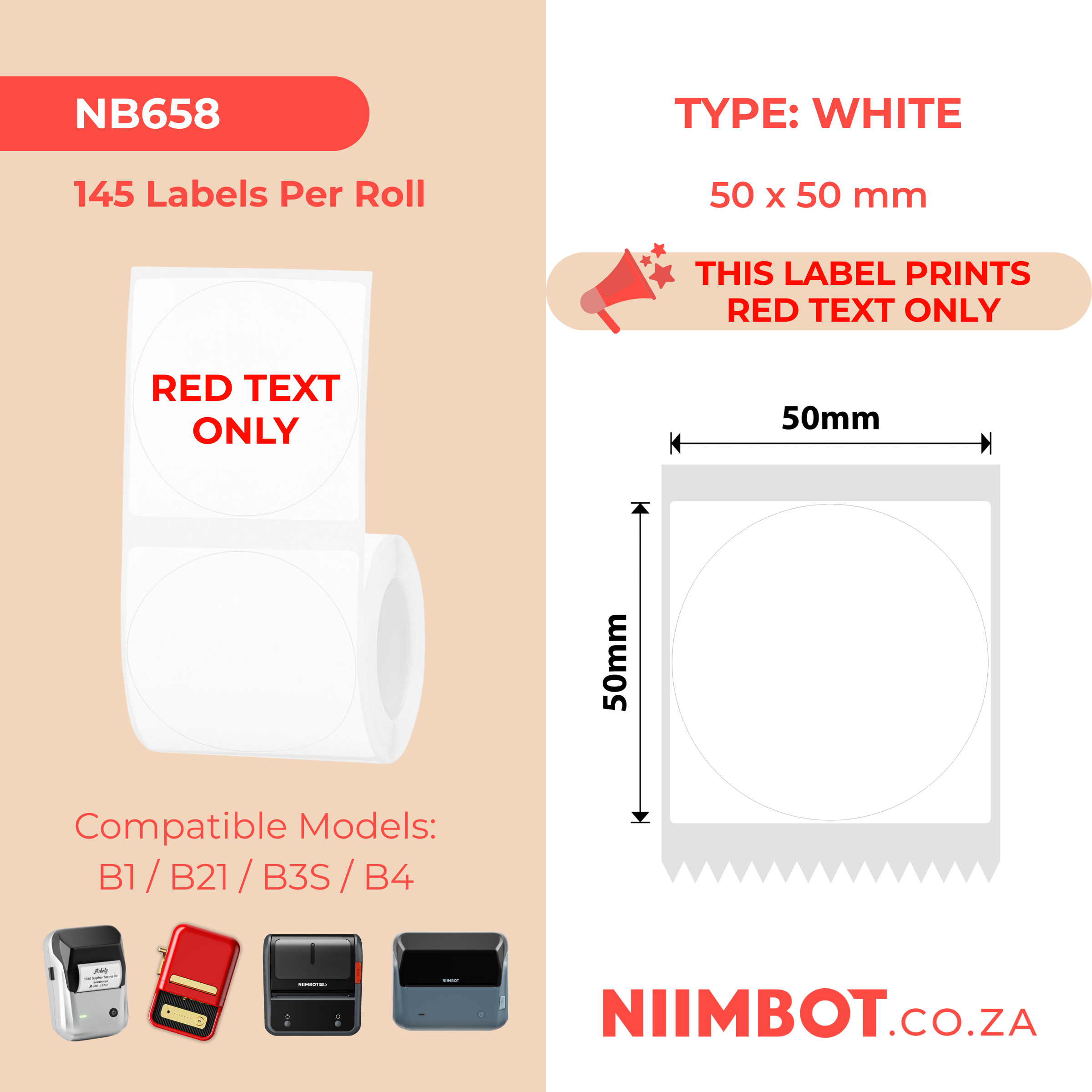NB658 - Niimbot - B1 / B21 / B31 / B3S / B4 - 50x50mm - 145 White Round Red Text Only Labels