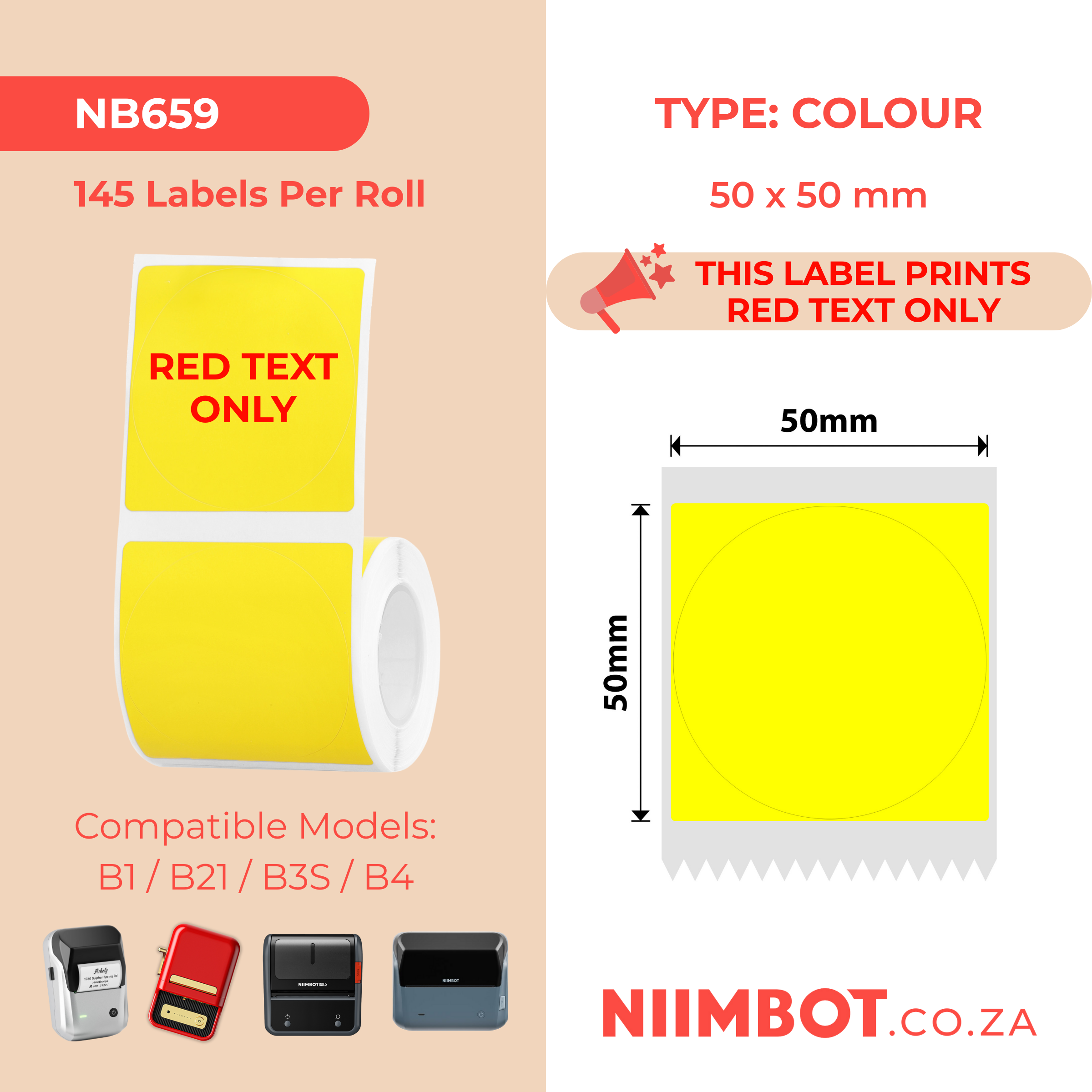 NB659 - Niimbot - B1 / B21 / B31 / B3S / B4 - 50x50mm - 145 Yellow Round Red Text Only Labels