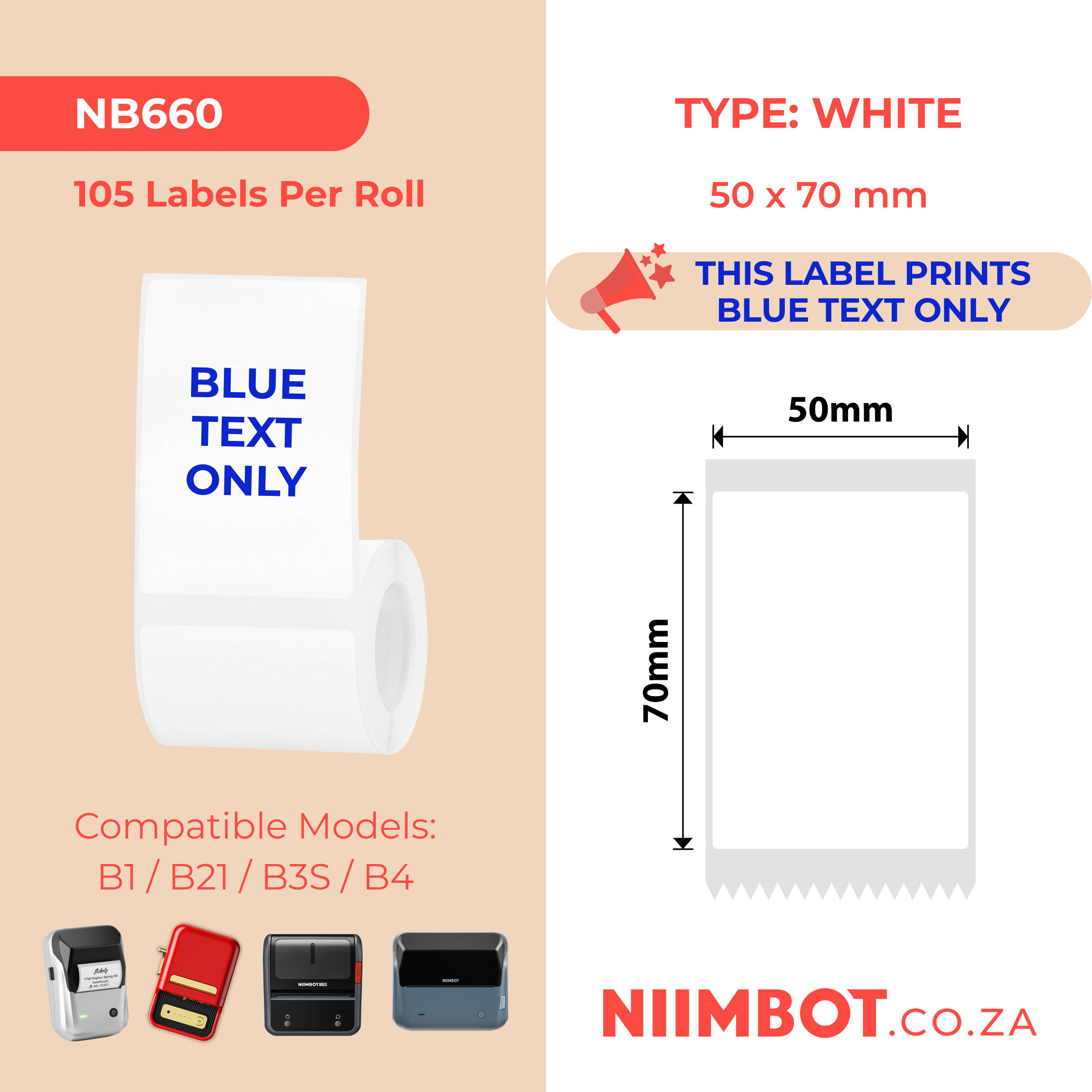 NB660 - NIIMBOT - B1 / B21 / B3S / B4 - T50X70 - 105 LABELS PER ROLL - WHITE - BLUE TEXT ONLY - RECTANGLE