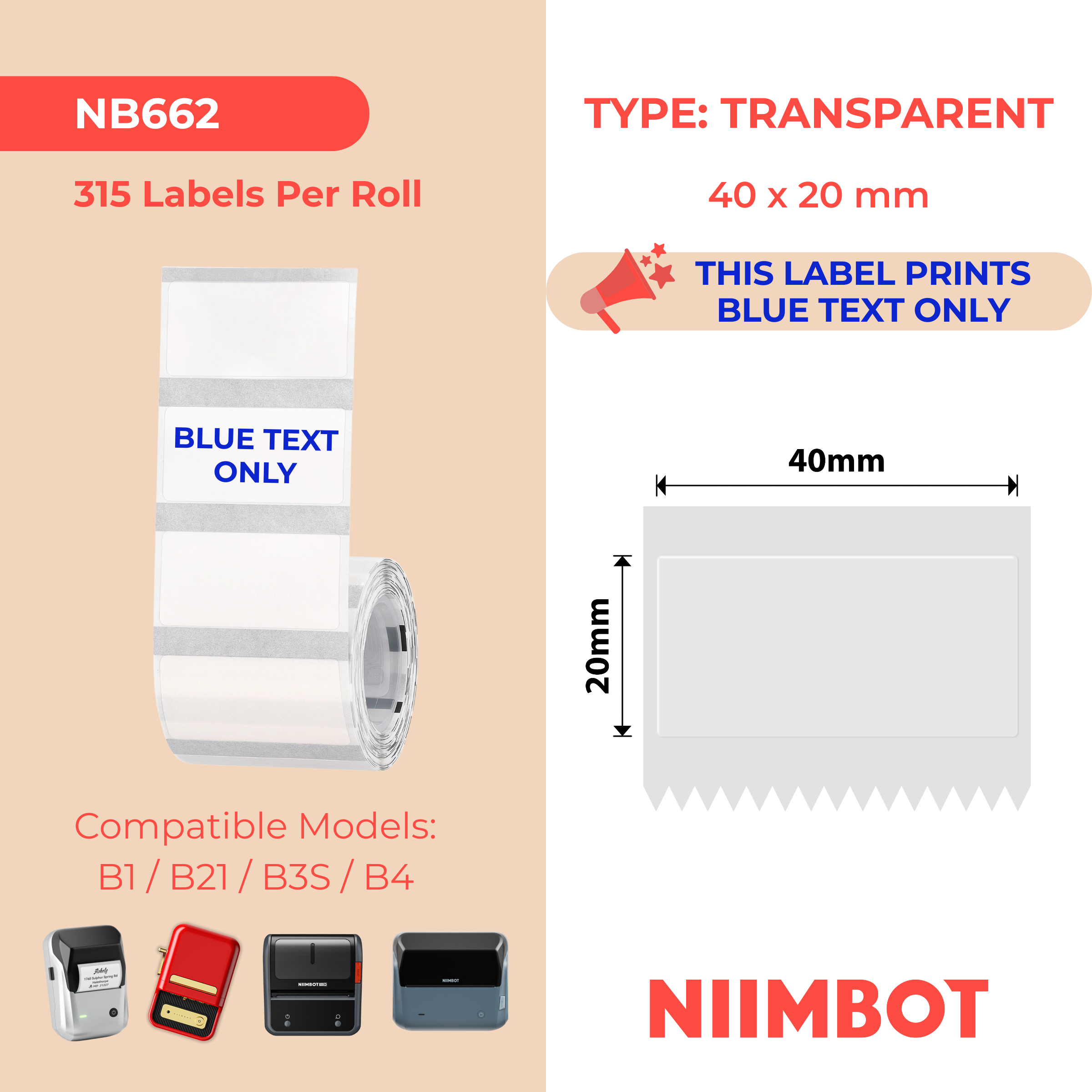 NB662 - Niimbot - B1 / B21 / B31 / B3S / B4 - 40x20mm - 315 Transparent Blue Text Only Labels