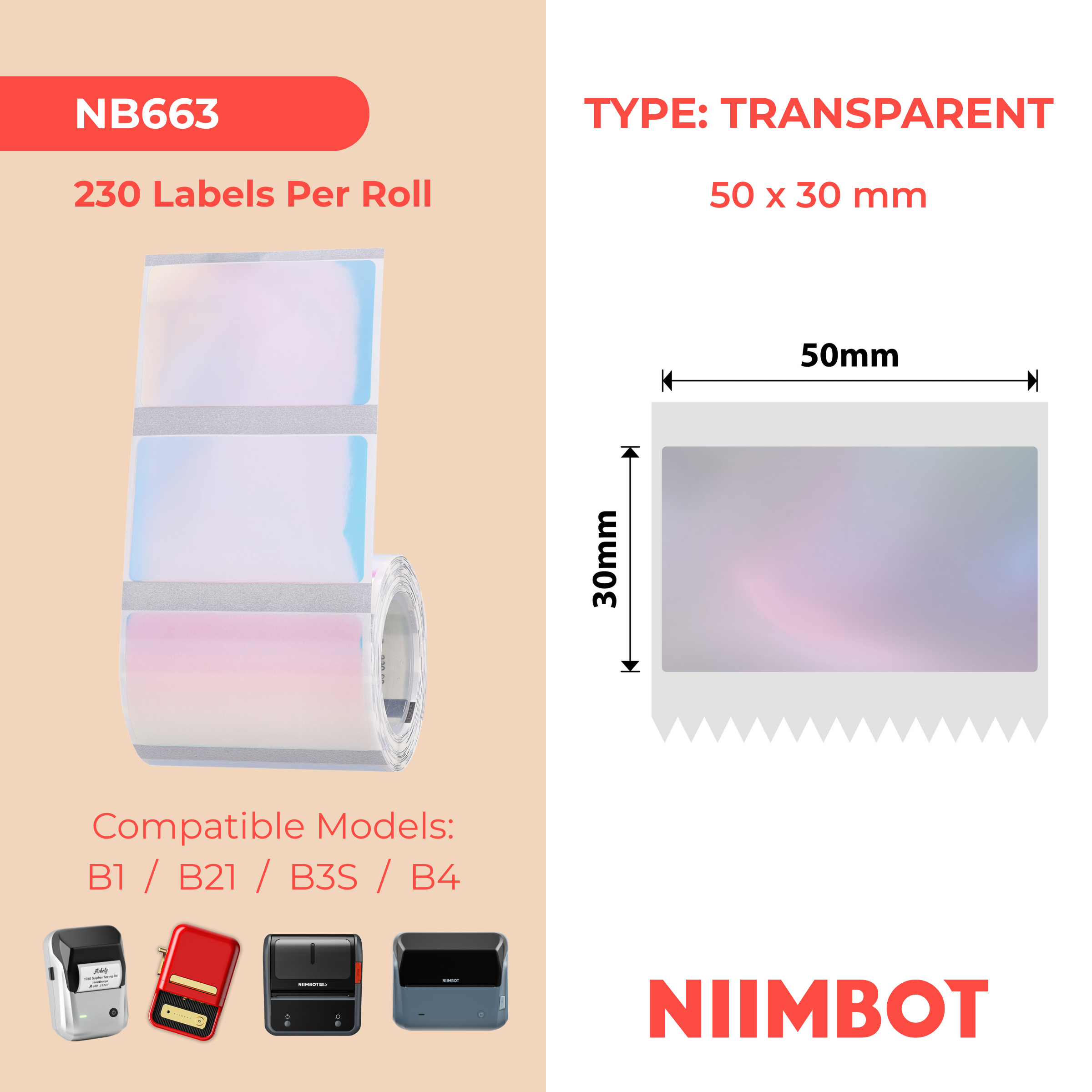 NB663 - Niimbot - B1 / B21 / B31 / B3S / B4 - 50x30mm - 230 Colorful Blue Transparent Labels