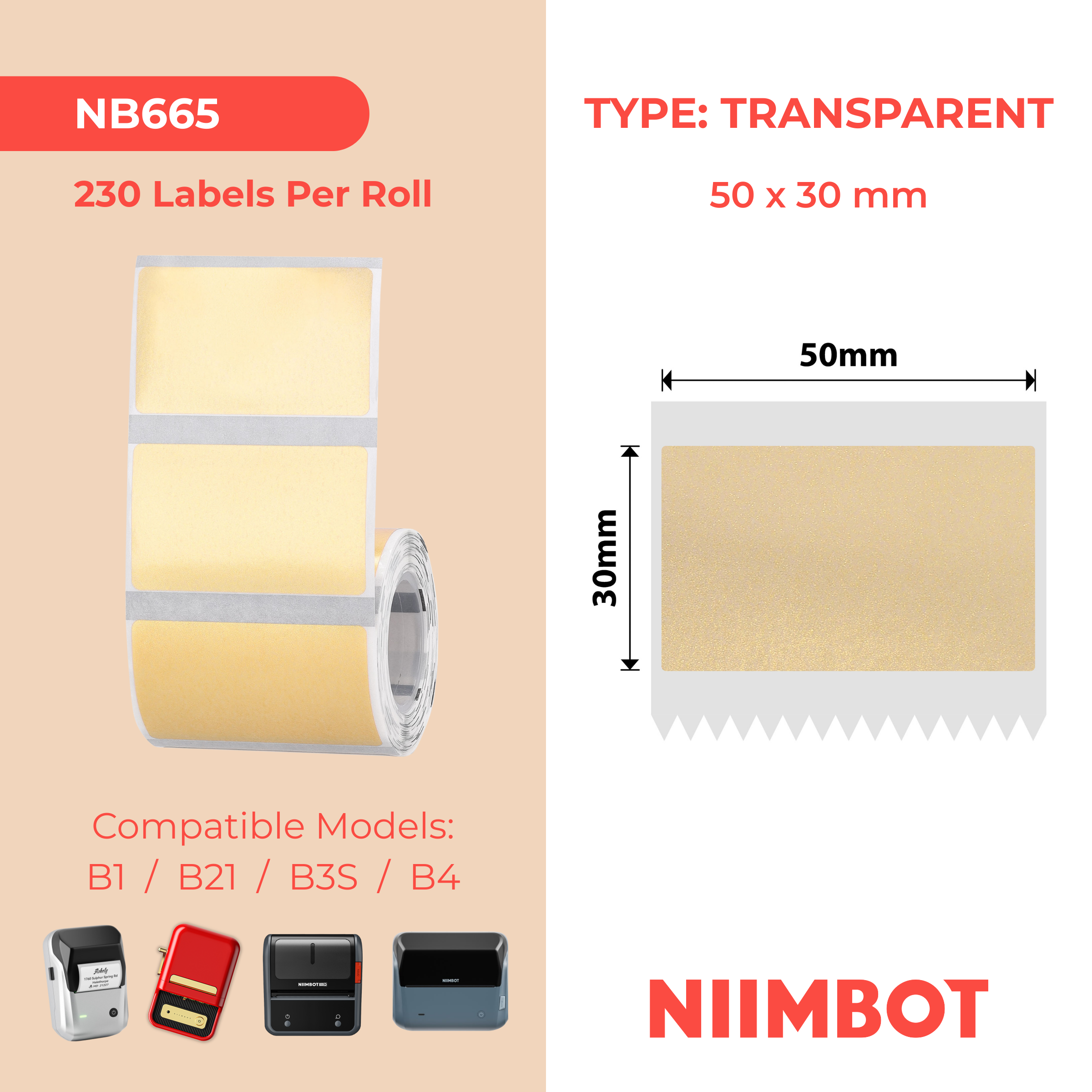 NB665 - Niimbot - B1 / B21 / B31 / B3S / B4 - 50x30mm - 230 Gold Transparent Labels