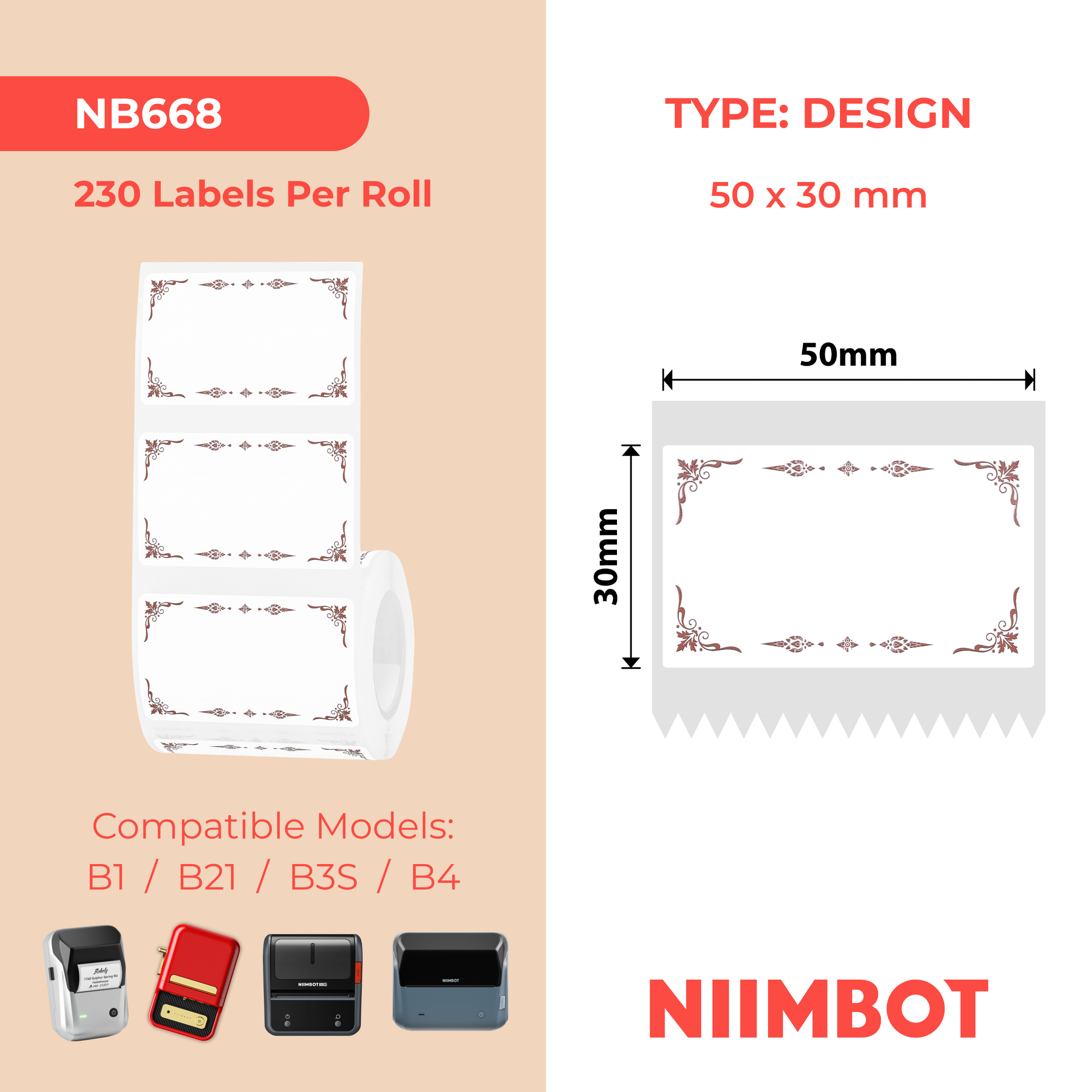 NB668 - Niimbot - B1 / B21 / B3S / B4 - 50x30mm - 230 Pattern B Labels
