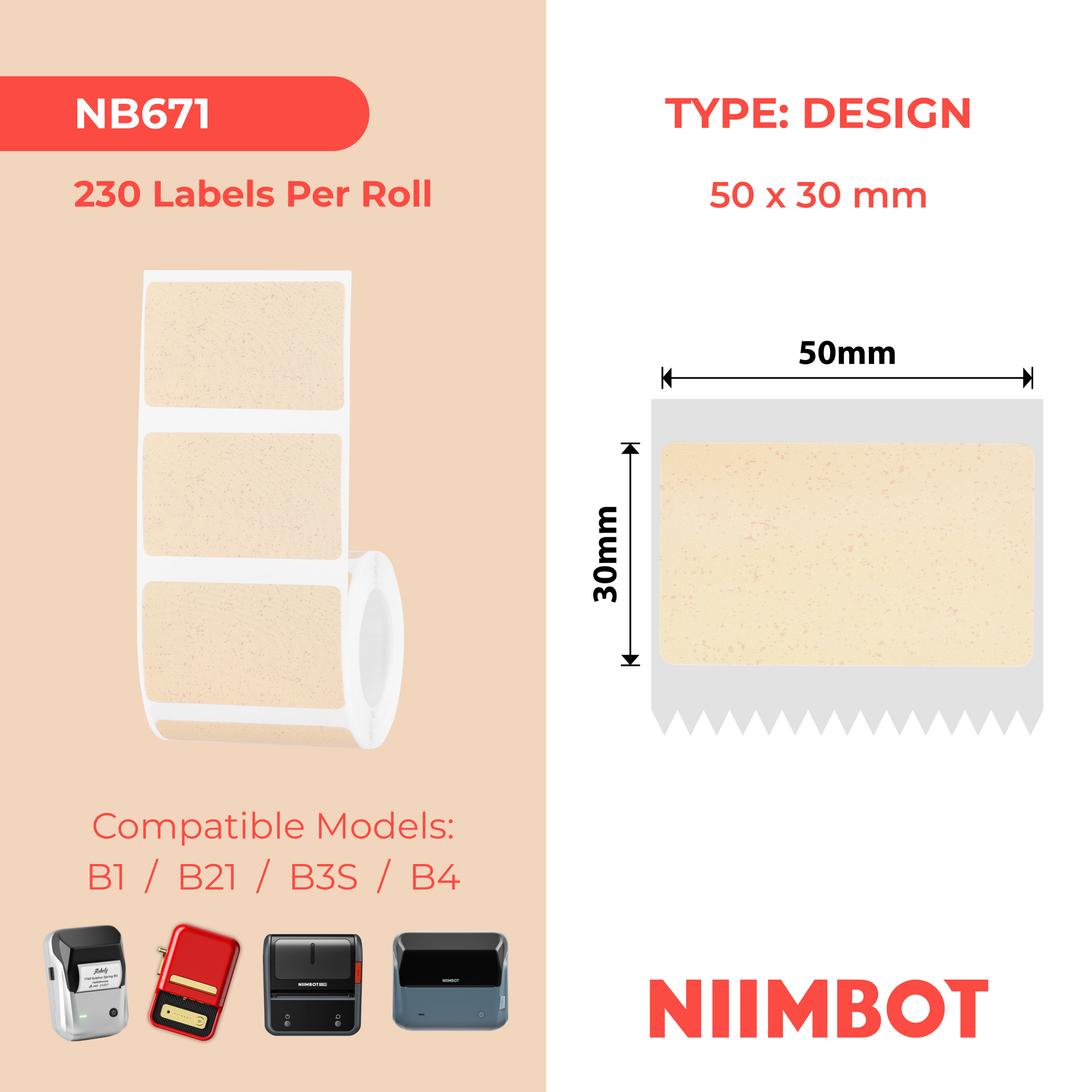 NB671 - Niimbot - B1 / B21 / B3S / B4 - 50x30mm - 230 Kraft Labels