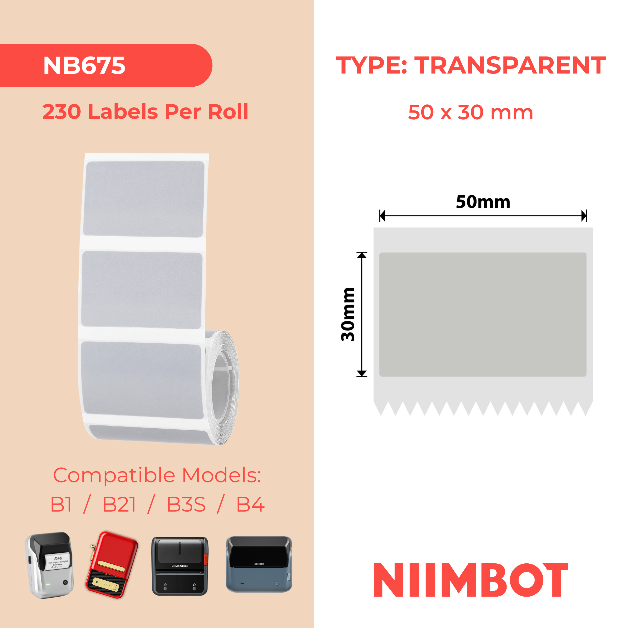 NB675 - Niimbot - B1 / B21 / B31 / B3S / B4 - 50x30mm - 230 Silver Transparent Labels