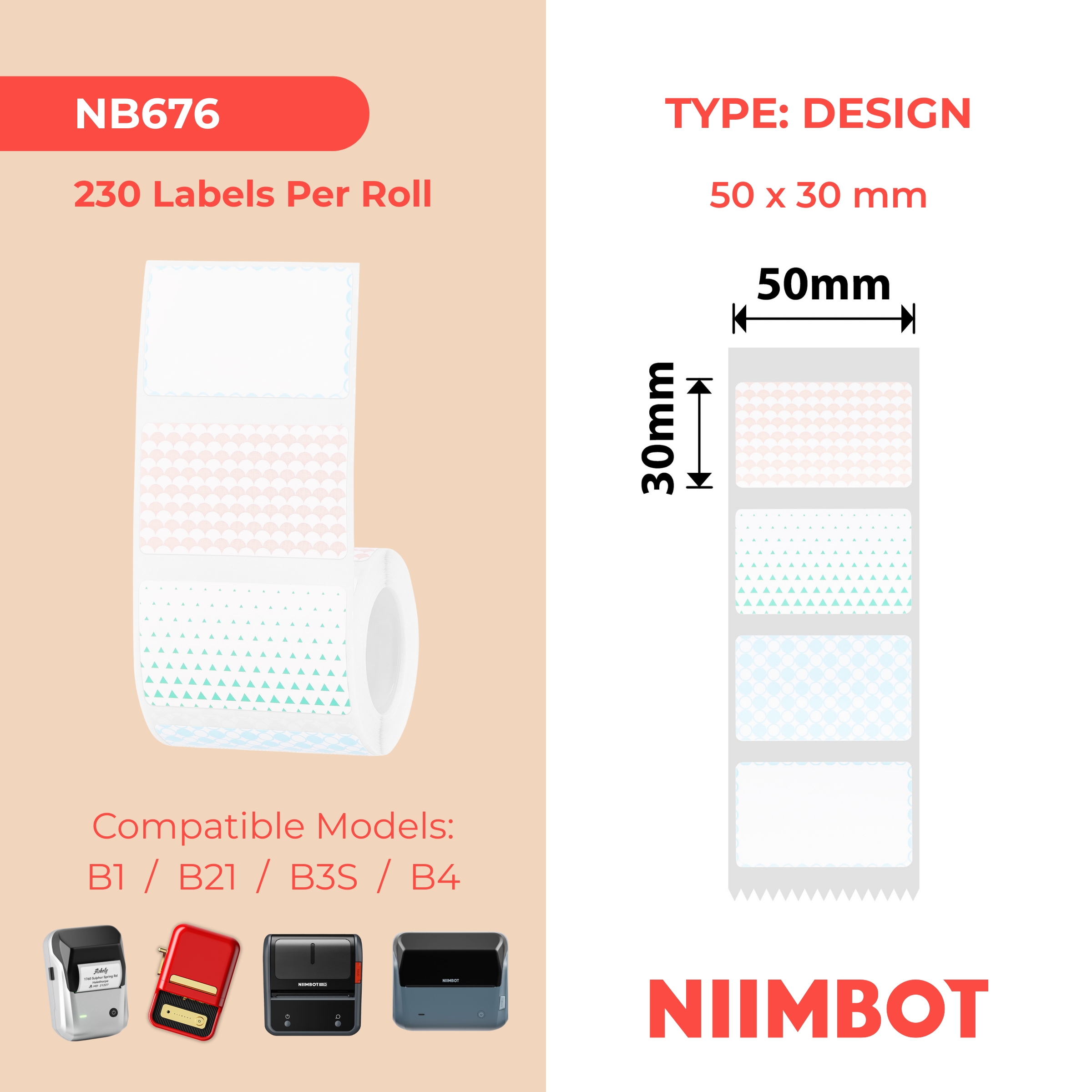 NB676 - Niimbot - B1 / B21 / B3S / B4 - 50x30mm - 230 Four Color Background Labels
