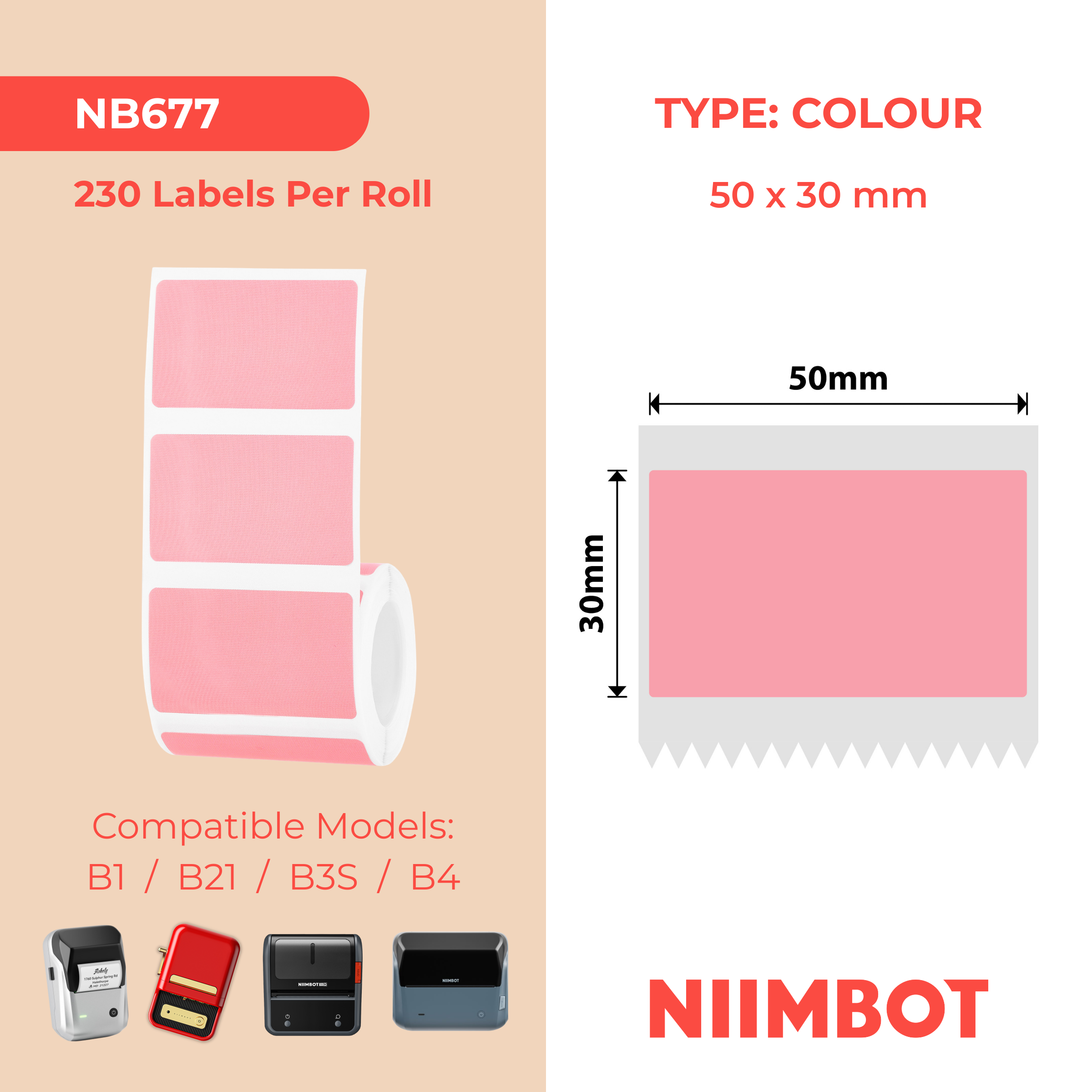 NB677 - Niimbot - B1 / B21 / B31 / B3S / B4 - 50x30mm - 230 Light Pink Labels