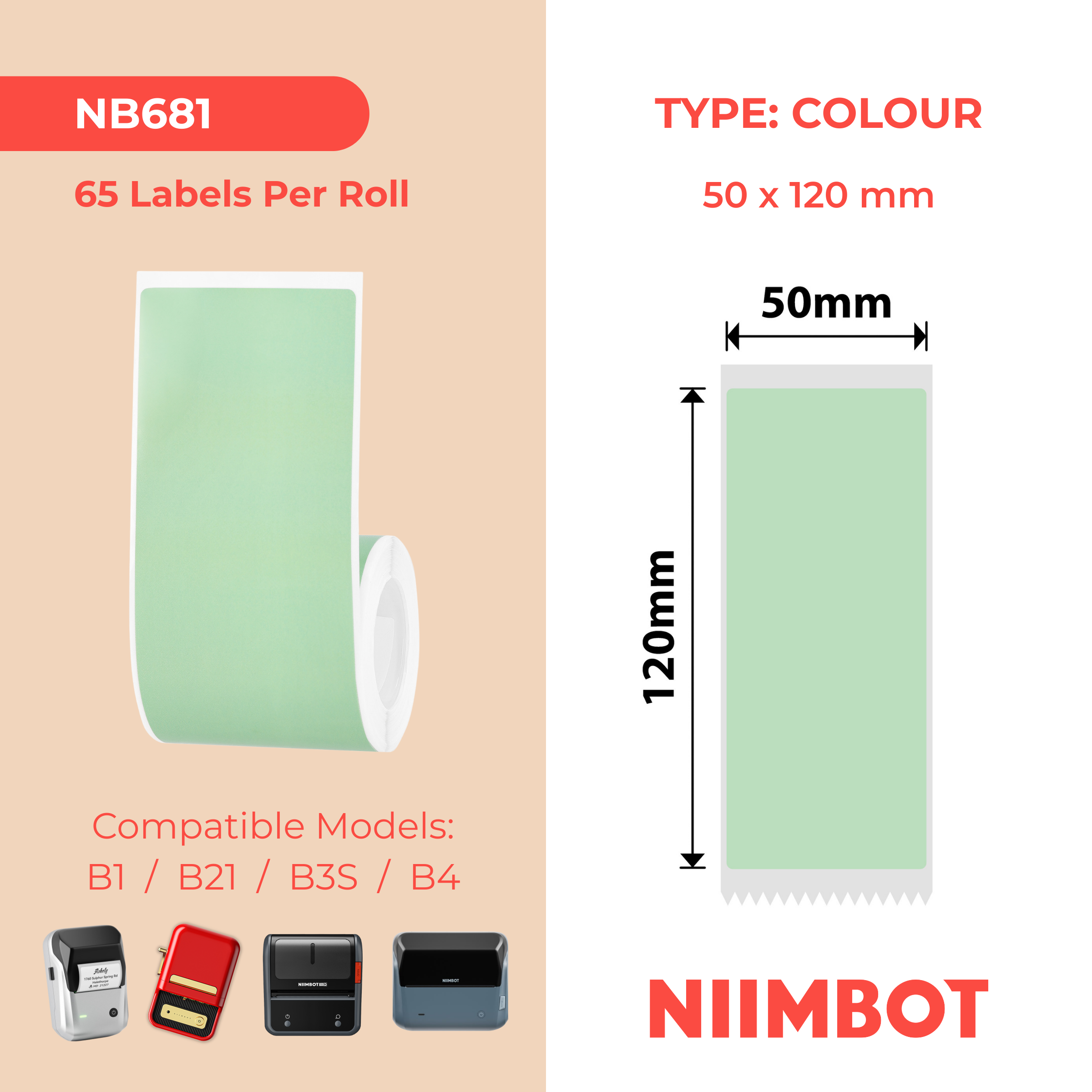 NB681 - Niimbot - B1 / B21 / B3S / B4 - 50x120mm - 65 Light Green Labels