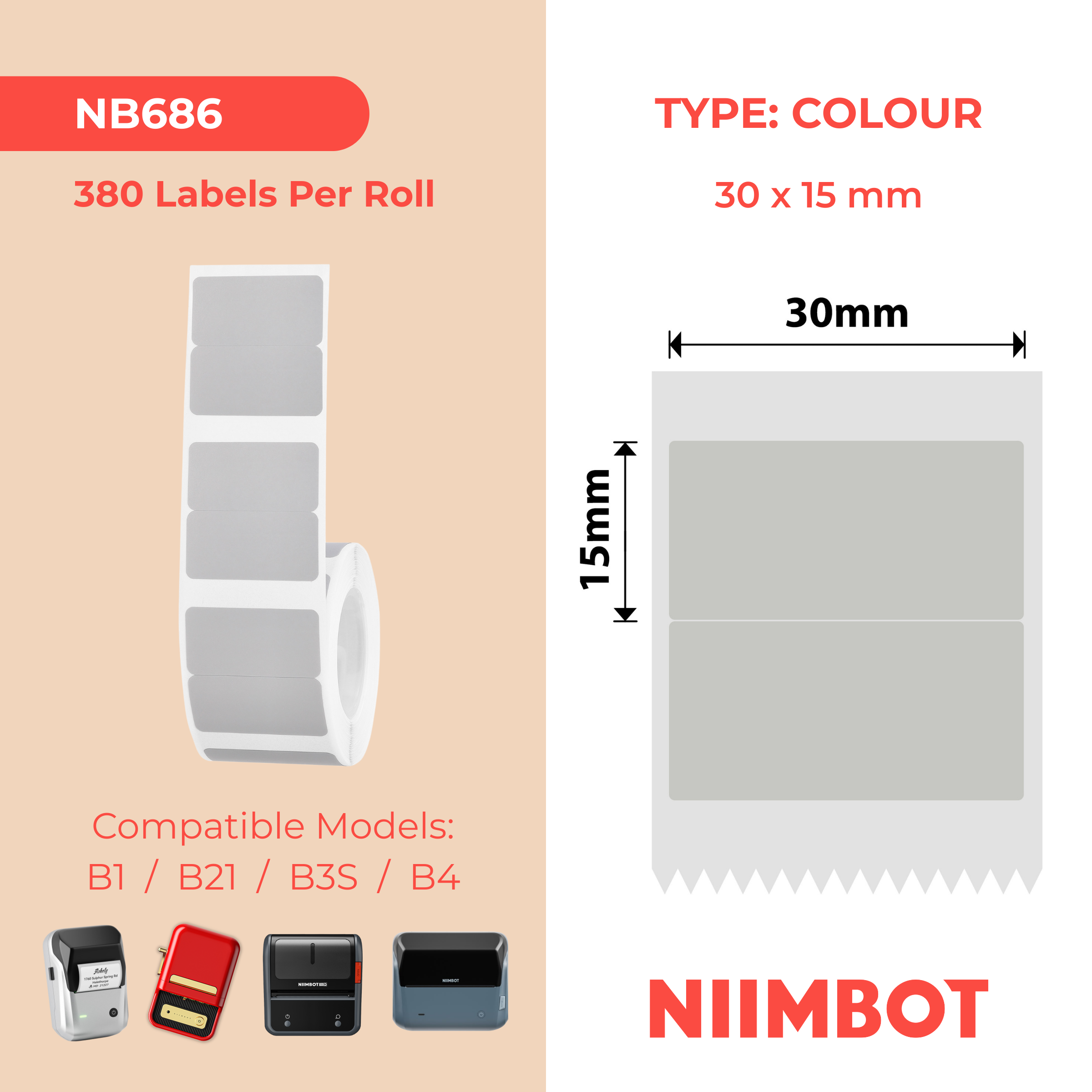 NB686 - Niimbot - B1 / B21 / B31 / B3S / B4 - 30x15mm/2R - 380 Grey Void Labels