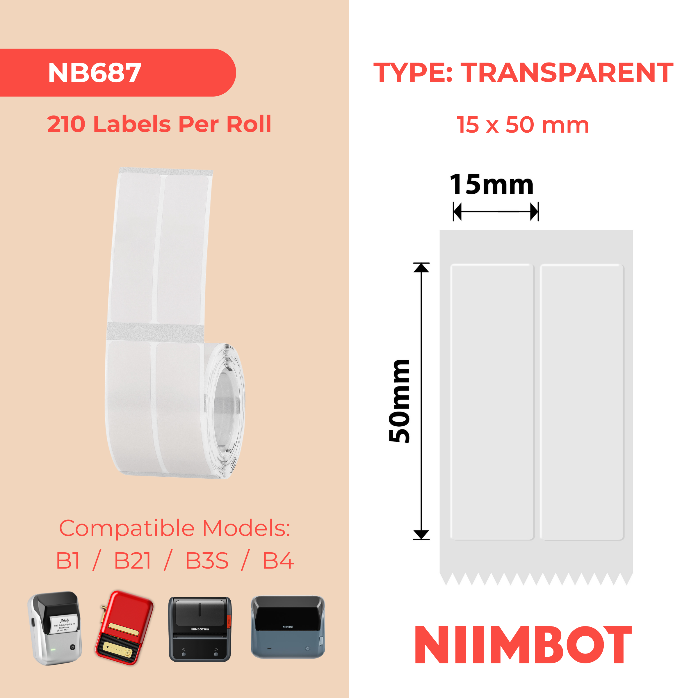 NB687 - Niimbot - B1 / B21 / B31 / B3S / B4 - 15x50/2L - 210 Transparent Anti-Counterfeiting Labels