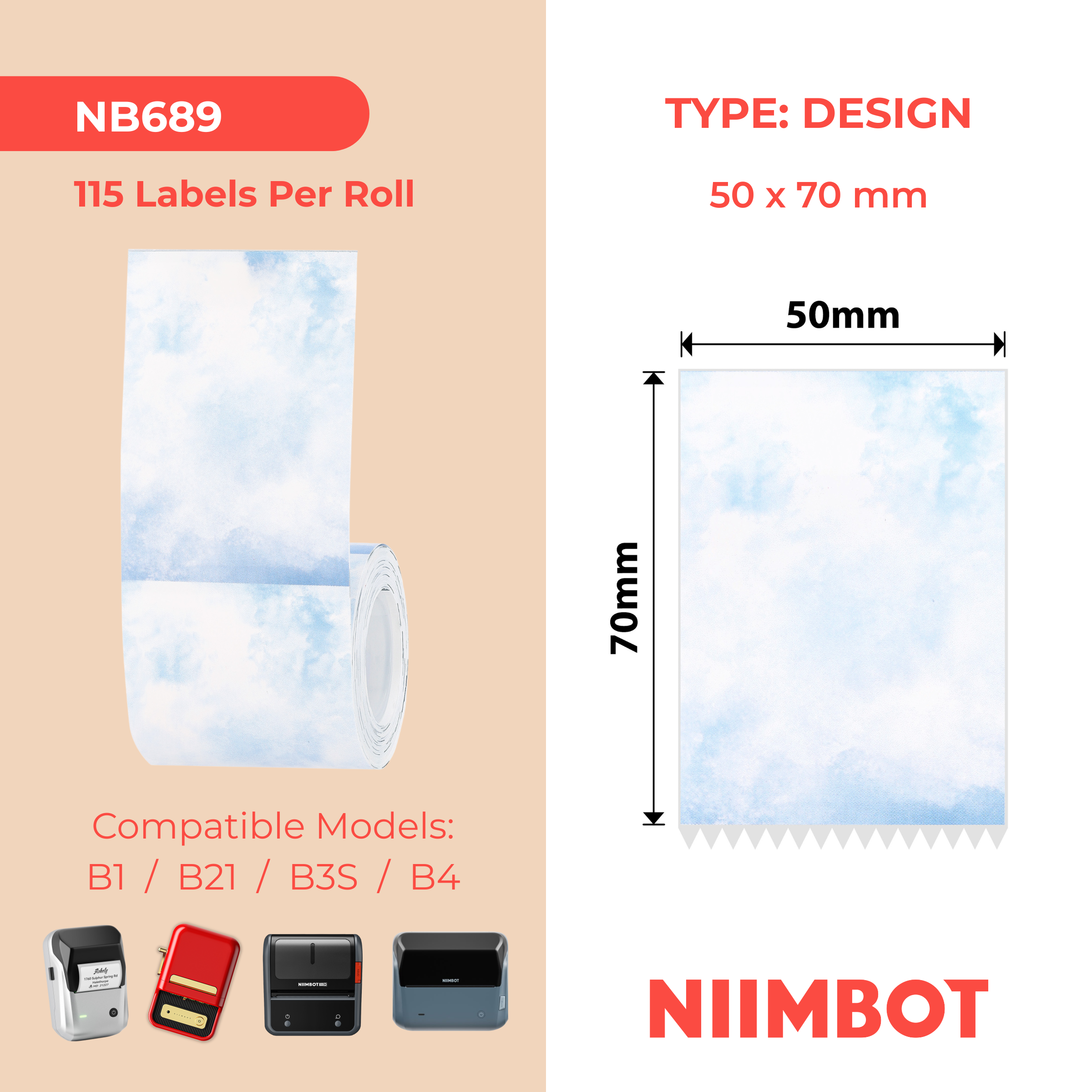 NB689 - Niimbot - B1 / B21 / B3S / B4 - 50x70mm - 115 Blue Text Stationary Pattern Labels