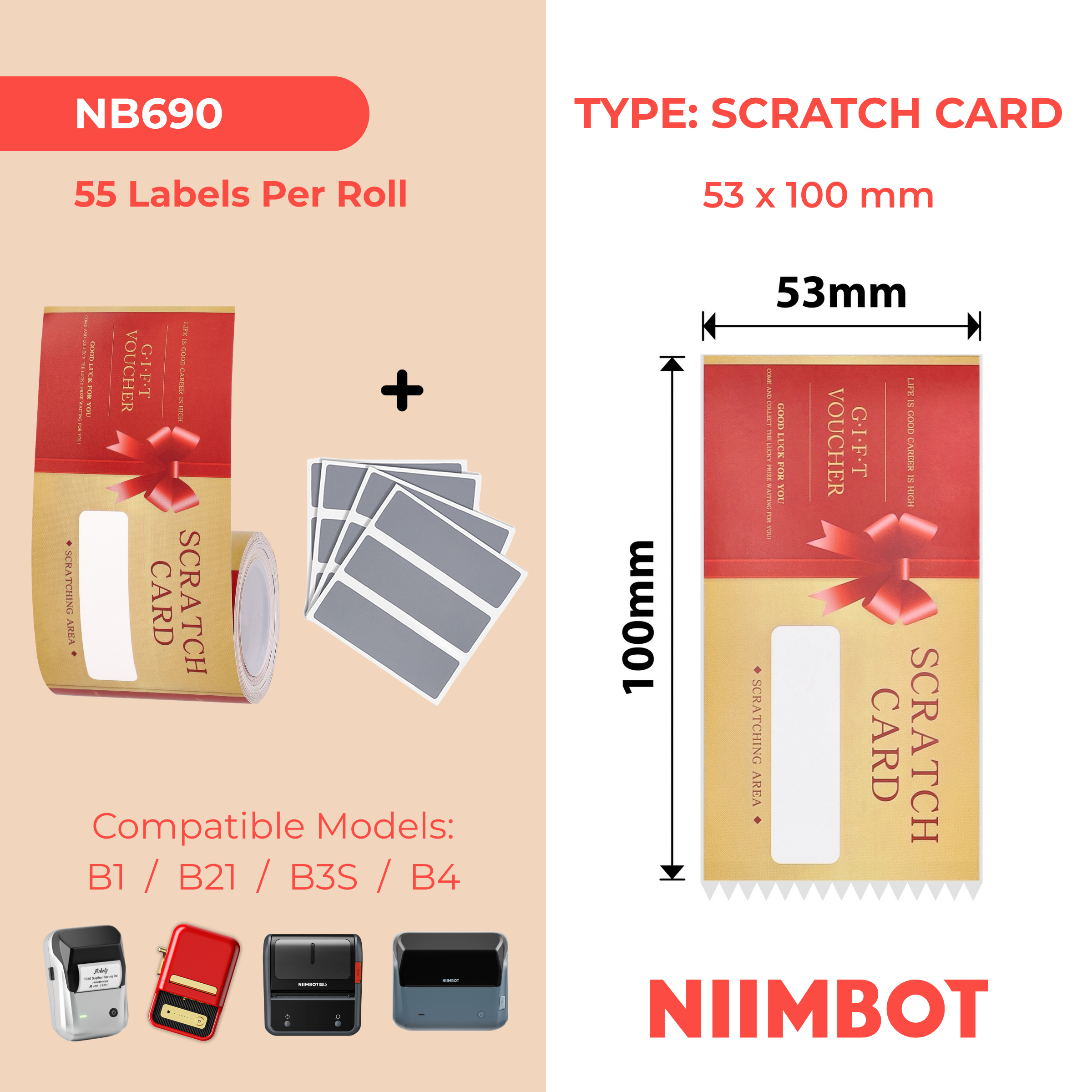 NB690 - Niimbot - B1 / B21 / B31 / B3S / B4 - 53x100mm - 55 Gift Scratch Card Labels