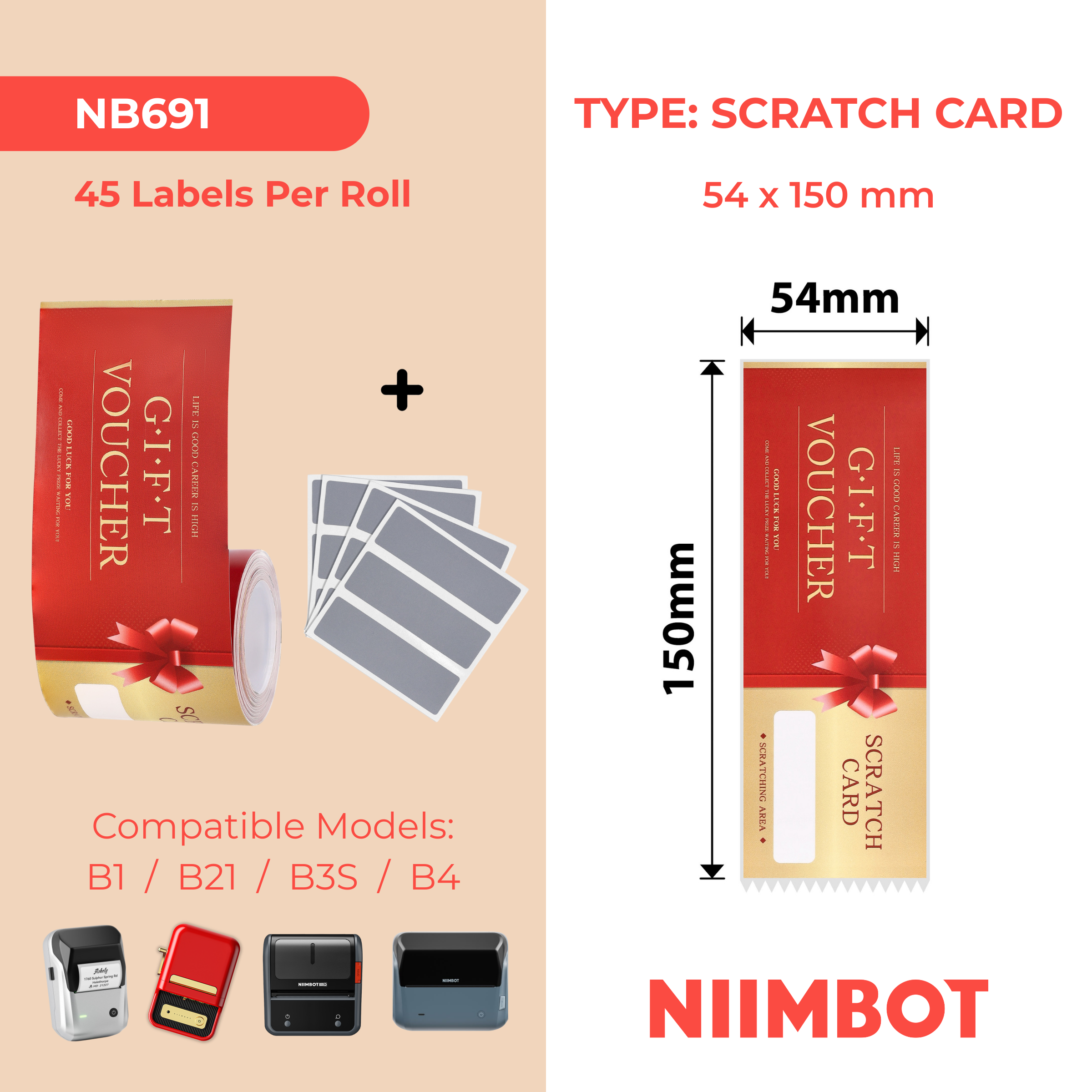 NB691 - Niimbot - B1 / B21 / B31 / B3S / B4 - 54x150mm - 45 Lucky Scratch Cards Labels