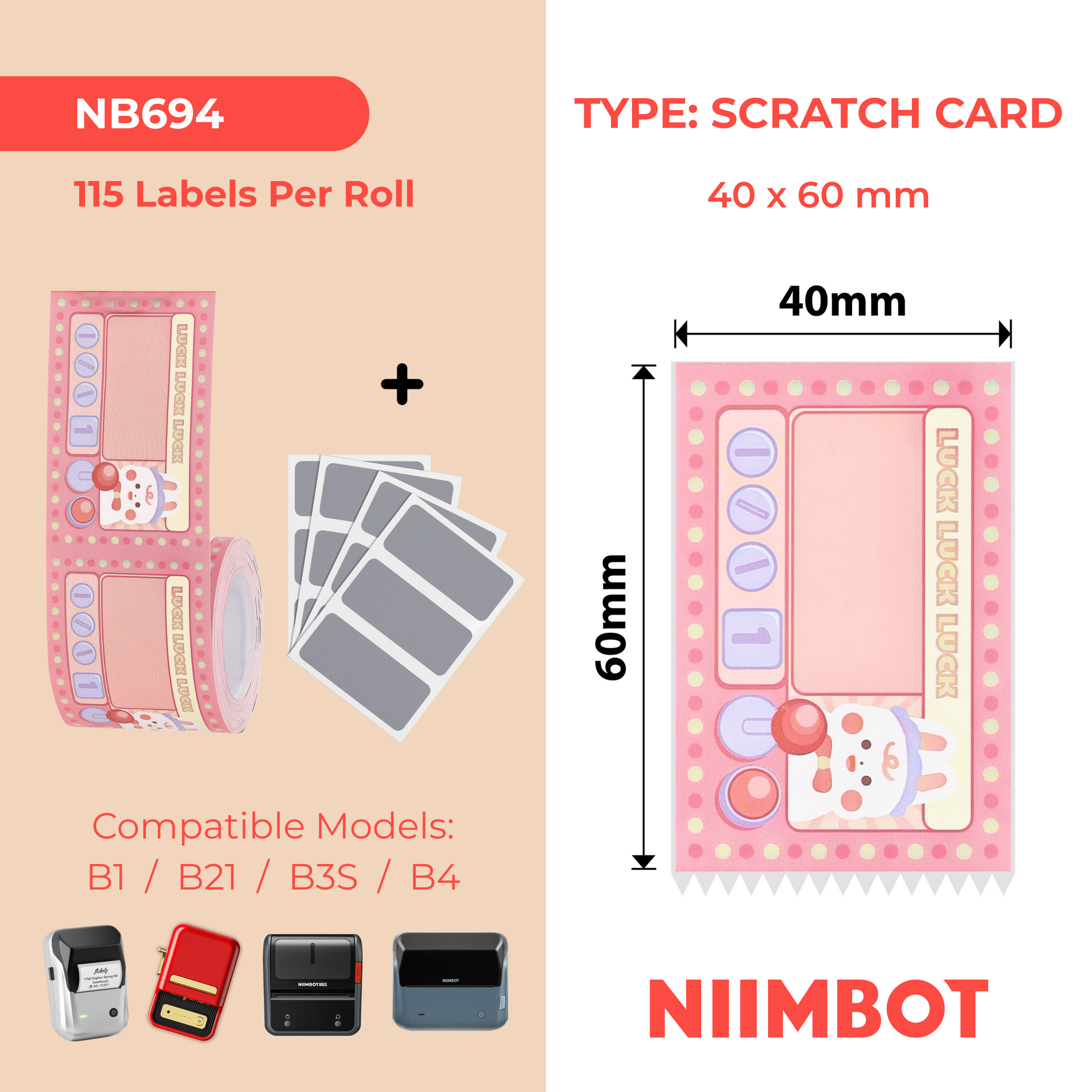 NB694 - Niimbot - B1 / B21 / B3S / B4 - 40x60mm - 115 Shaker Scratch Cards Labels
