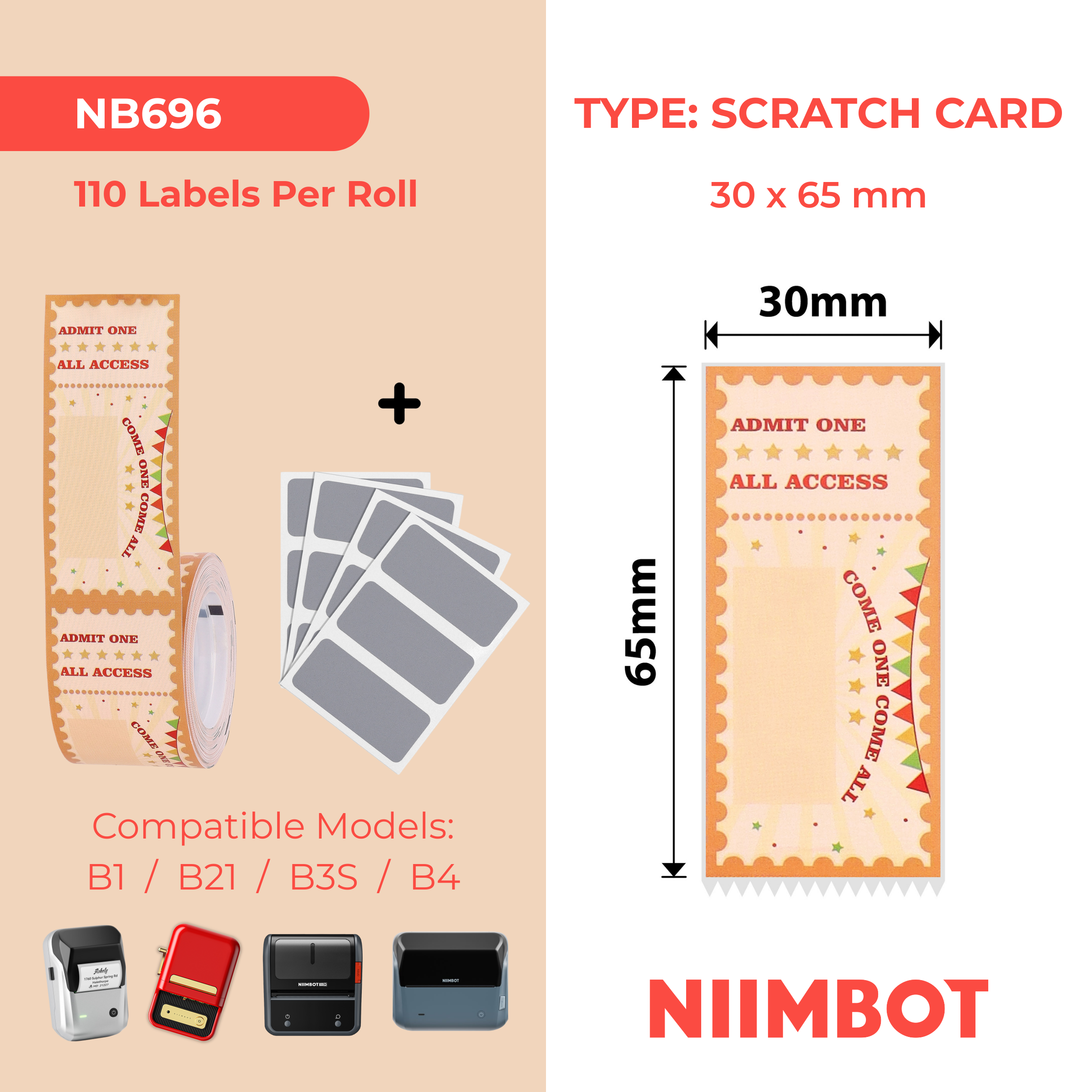 NB696 - Niimbot - B1 / B21 / B31 / B3S / B4 - 30x65mm - 110 Lucky Cards Scratch Cards Labels