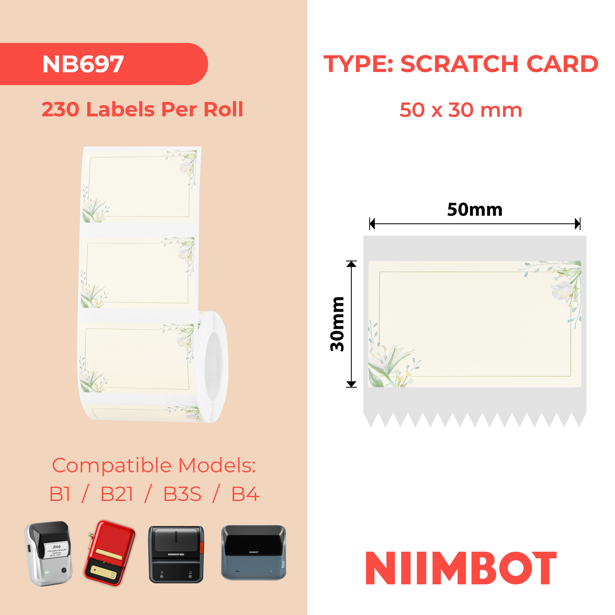 NB697 - NIIMBOT - B1 / B21 / B3S / B4 - 50X30MM - 230 PLAIN PAPER WITH FLOWERS LABELS