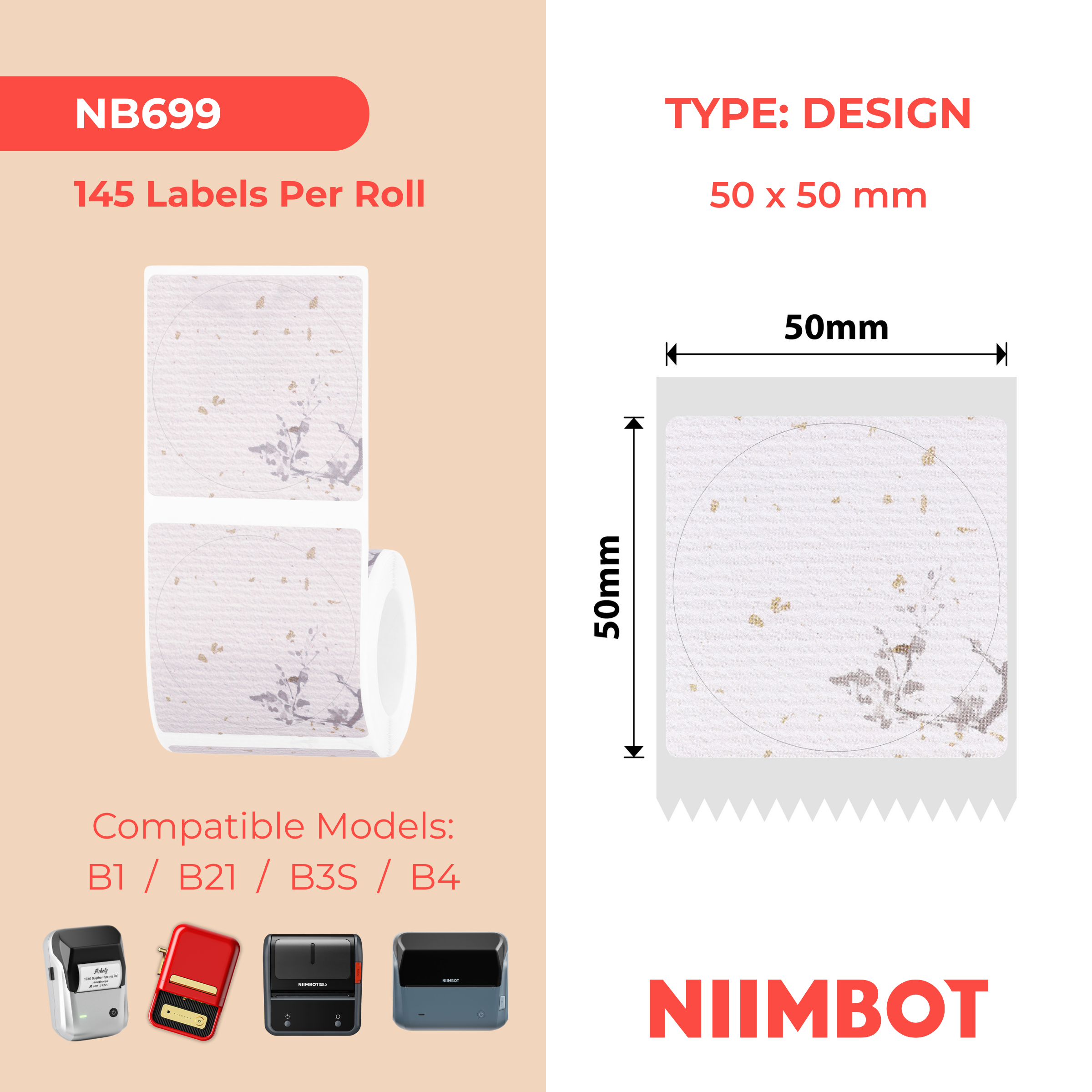 NB699 - Niimbot - B1 / B21 / B31 / B3S / B4 - 50x50mm - 145 Wine Among The Flowers Labels