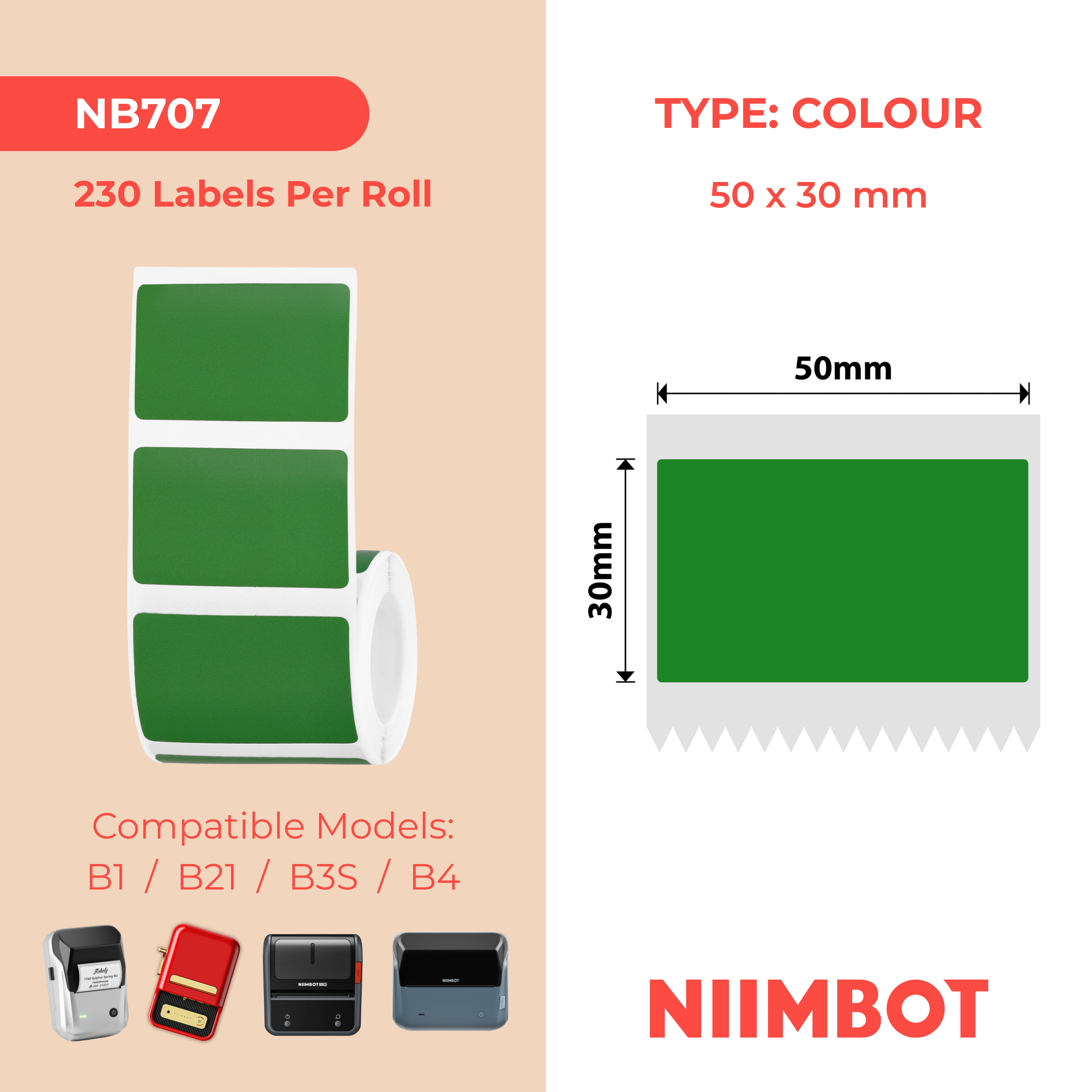 NB707 - Niimbot - B1 / B21 / B31 / B3S / B4 - 50x30mm - 230 Dark Green Labels