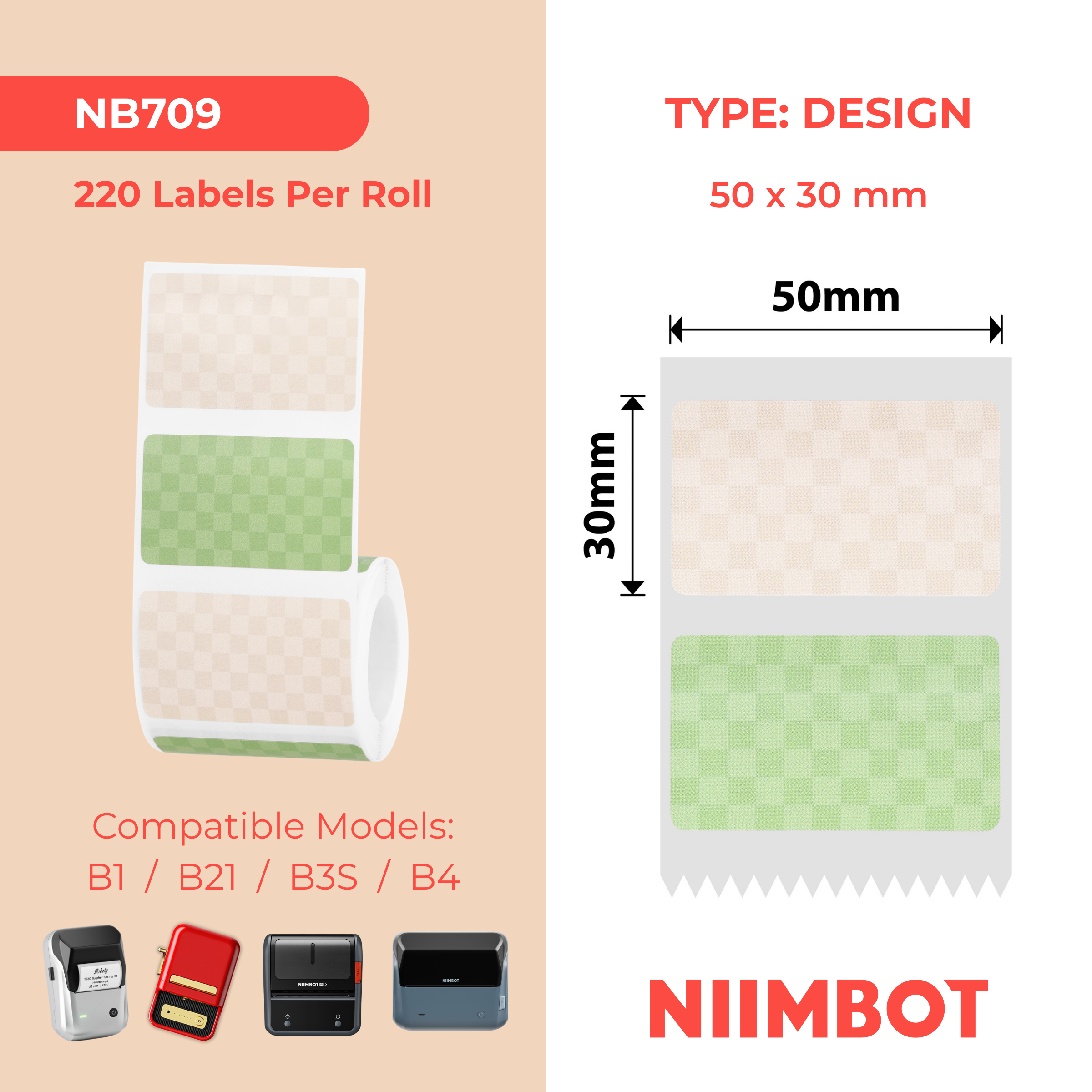 NB709 - Niimbot - B1 / B21 / B31 / B3S / B4 - 50x30mm - 220 Checkerboard Labels