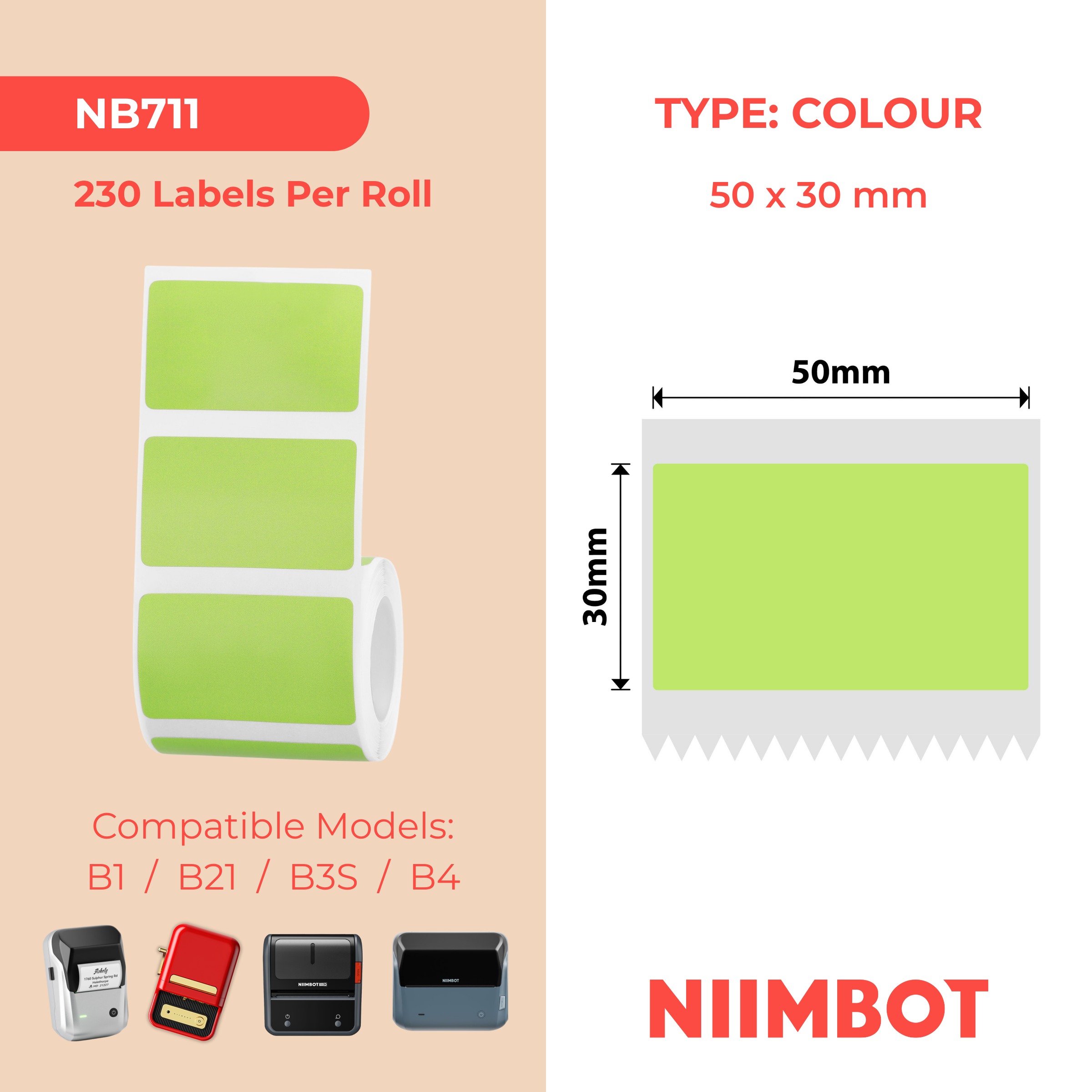 NB711 - NIIMBOT - B1 / B21 / B3S / B4 - 50X30MM - 230 LABELS - TENDER GREEN