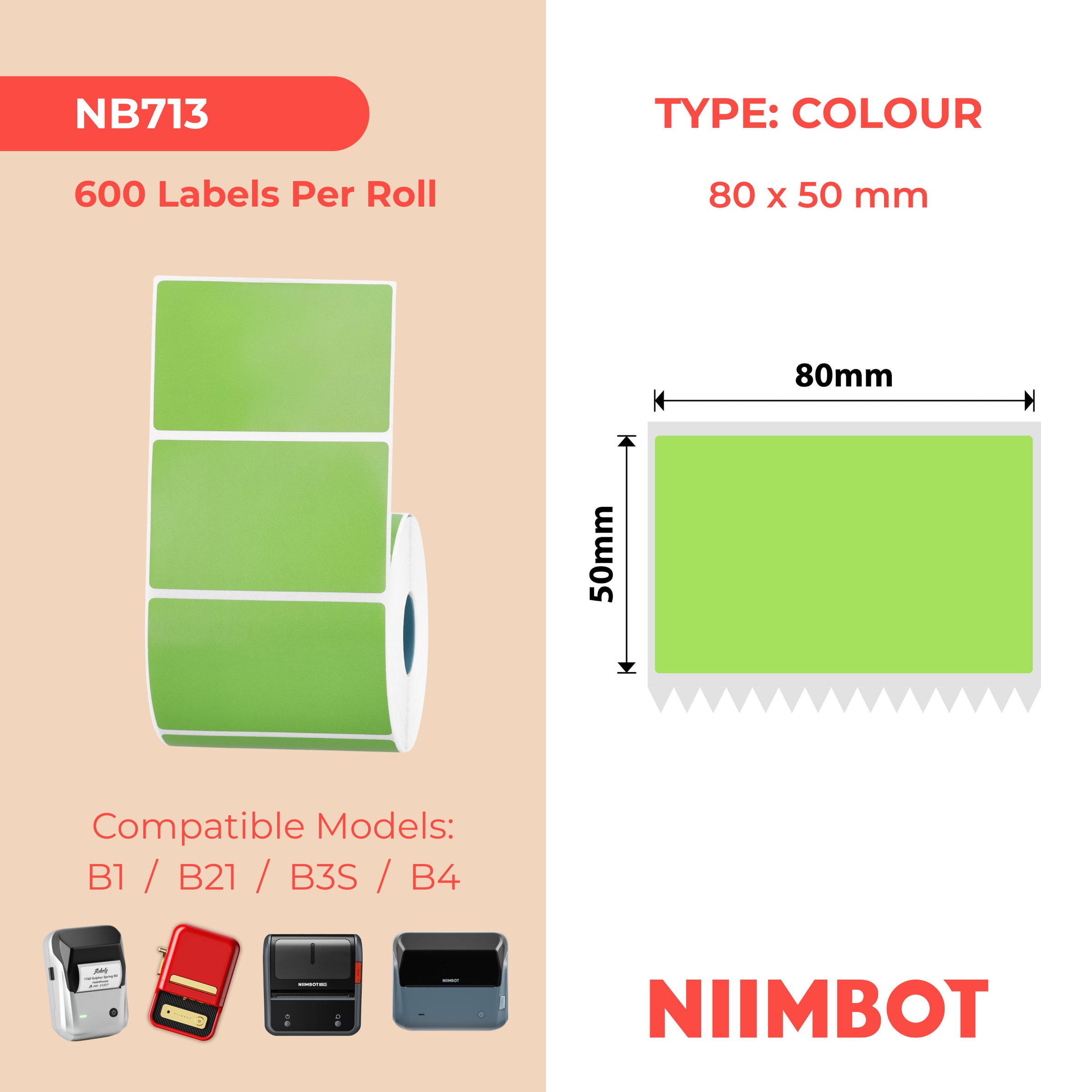 NB713 - Niimbot - K3 Only - 80x50mm - 600 Green Labels