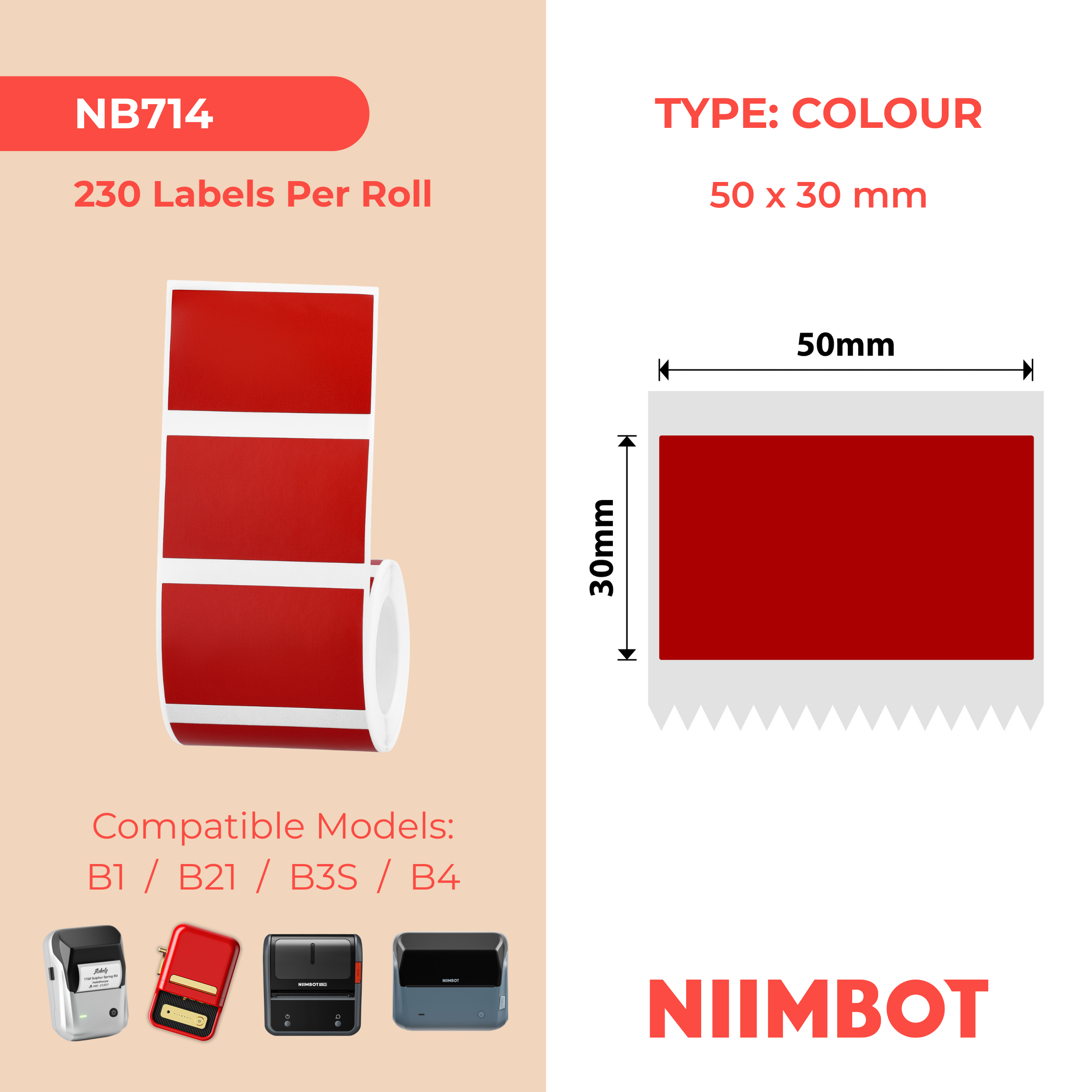 NB714 - Niimbot - B1 / B21 / B31 / B3S / B4 - 50x30mm - 230 Red Labels