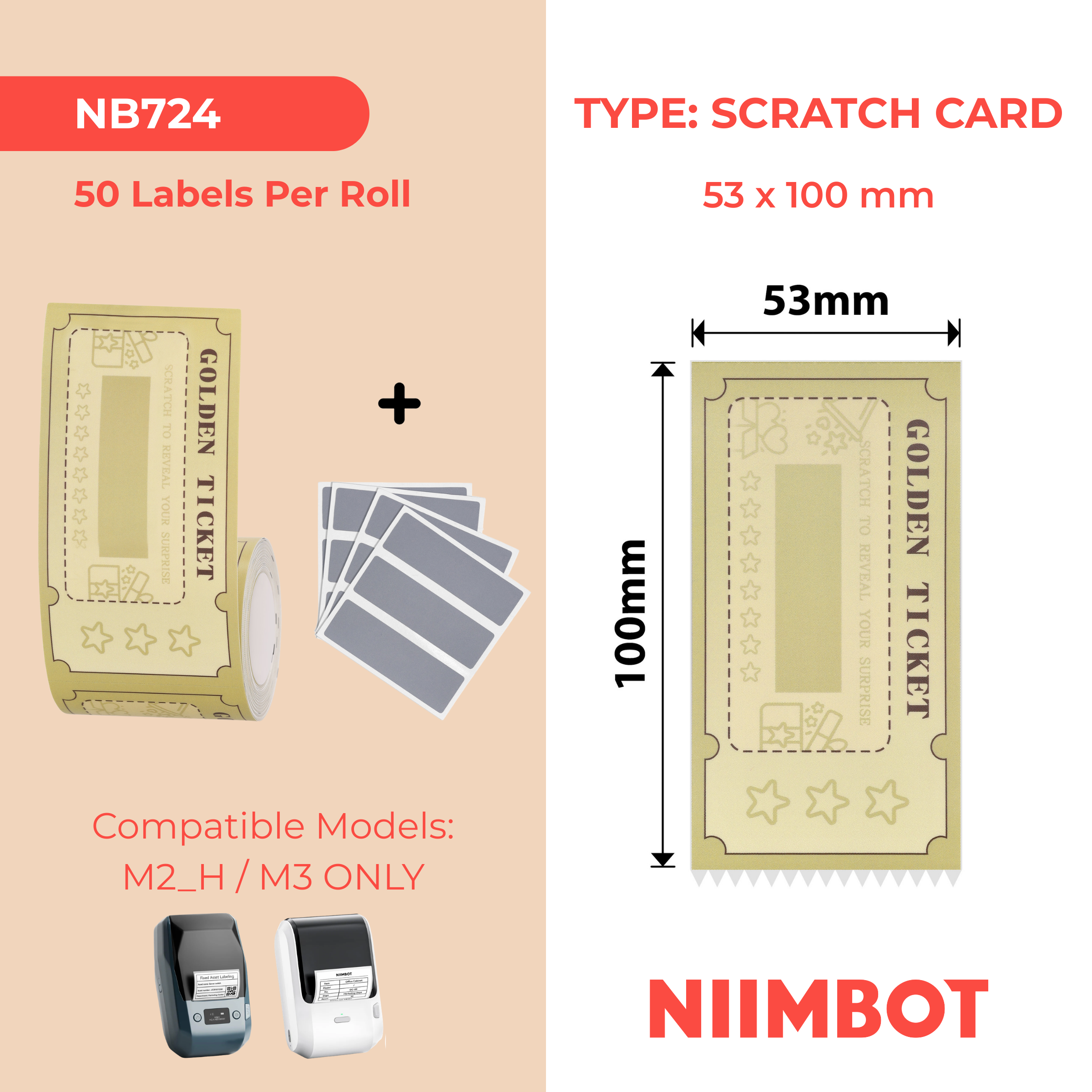 NB724 - Niimbot - M2 / M3 - 53x100mm - 50 Gold Scratch Cards