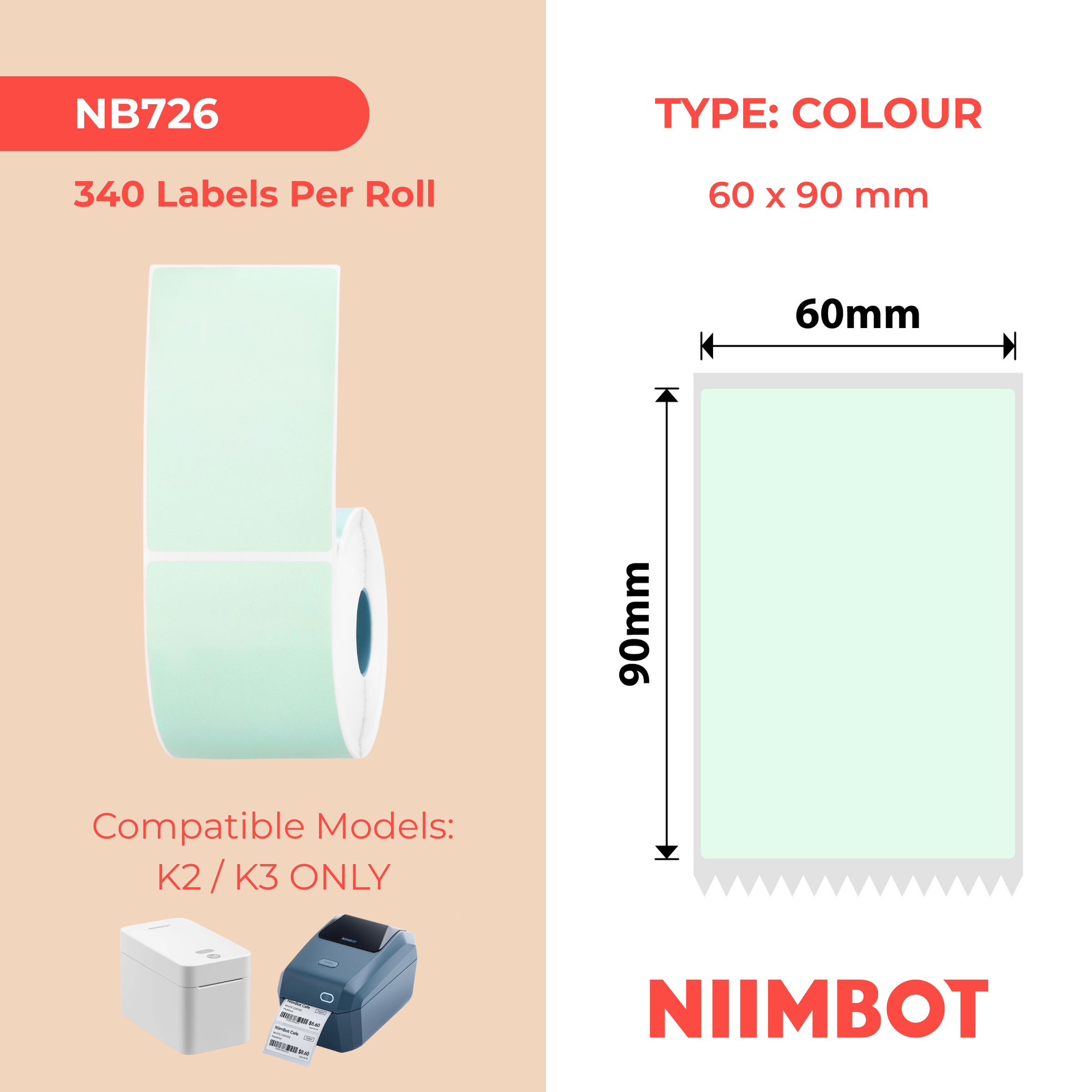 NB726 - Niimbot - K2 / K3 Only - 60x90mm - 340 Light Green Labels