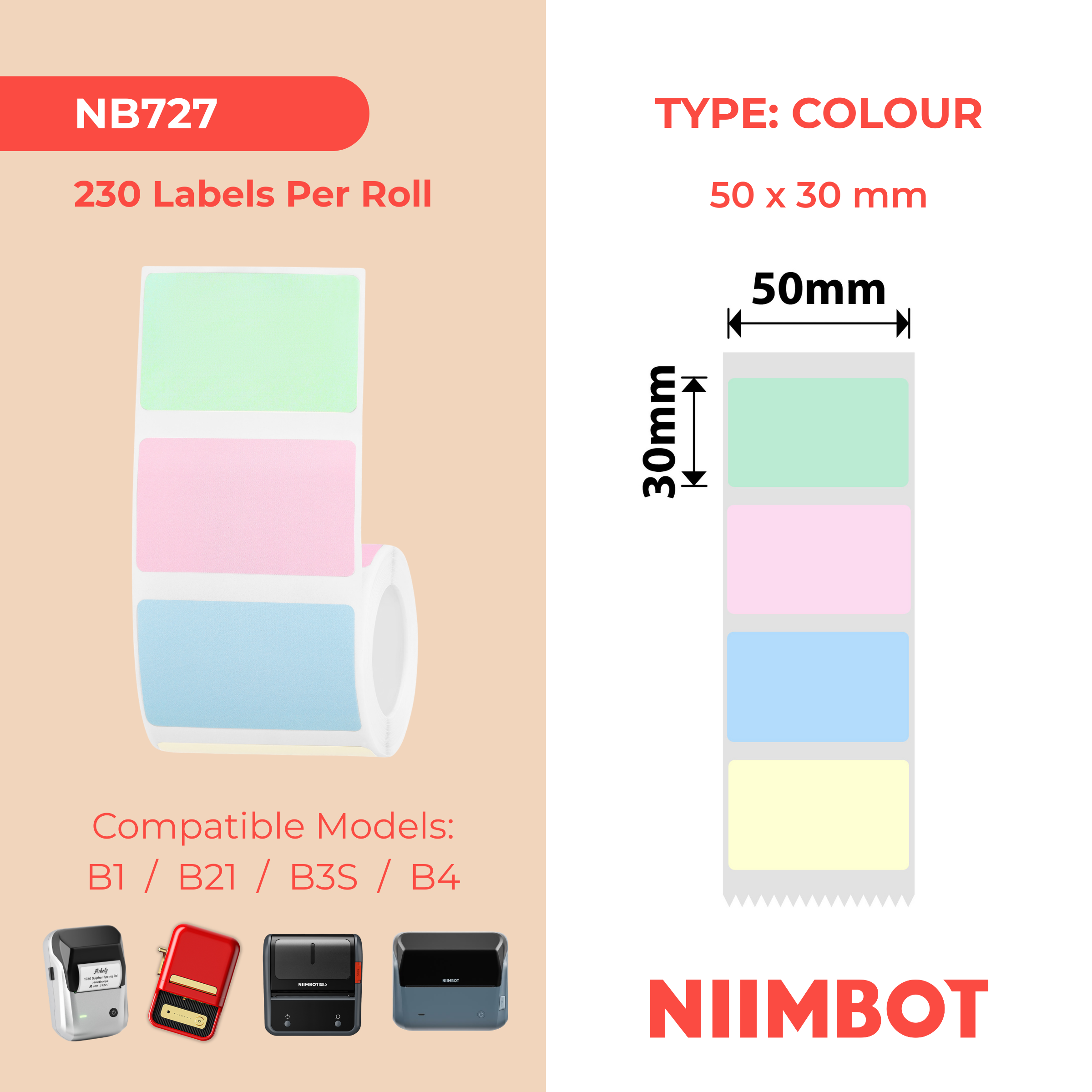 NB727 - Niimbot - B1 / B21 / B31 / B3S / B4 - 50x30mm - 230 Colors In Roll Labels
