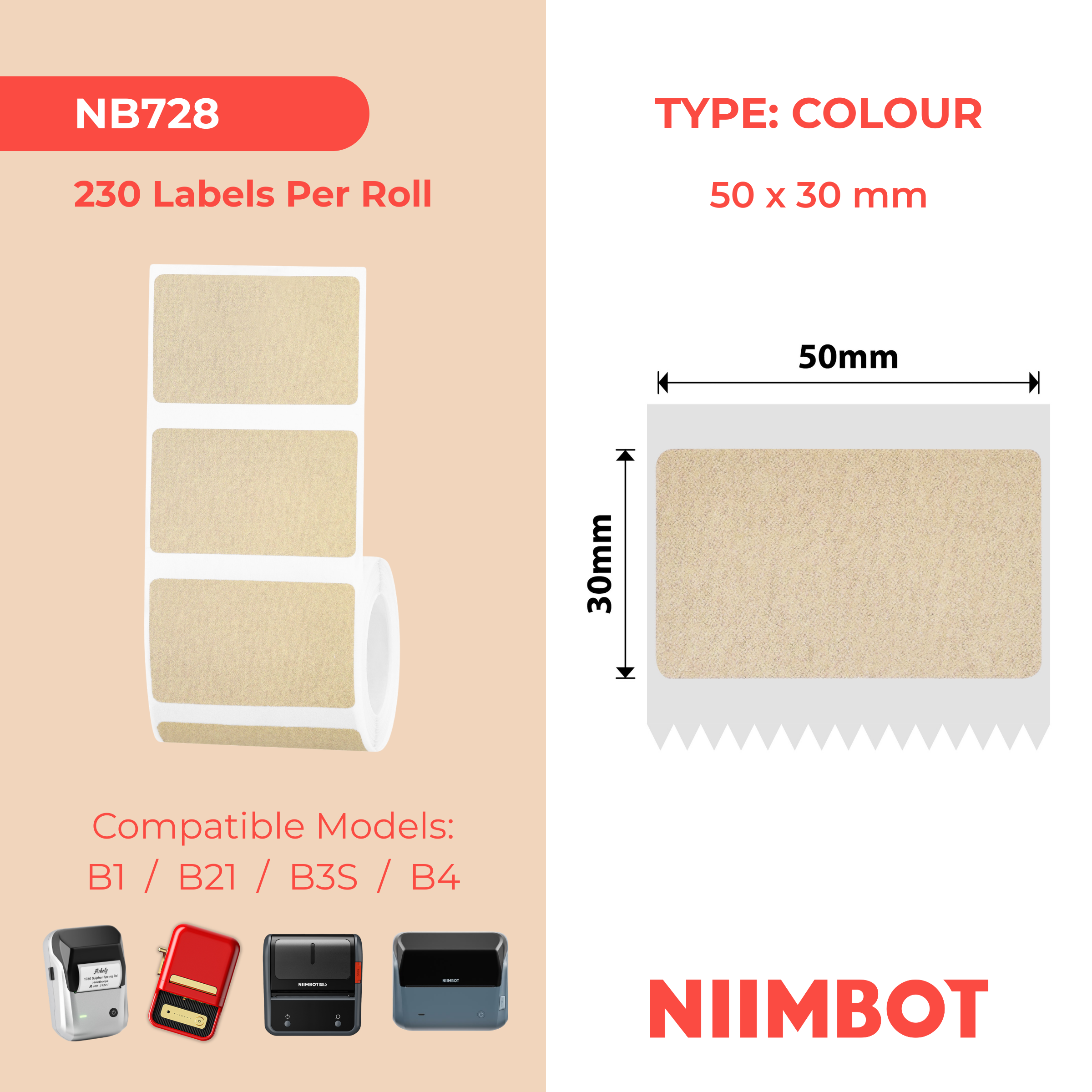 NB728 - Niimbot - B1 / B21 / B31 / B3S / B4 - 50x30mm - 230 Kraft Labels