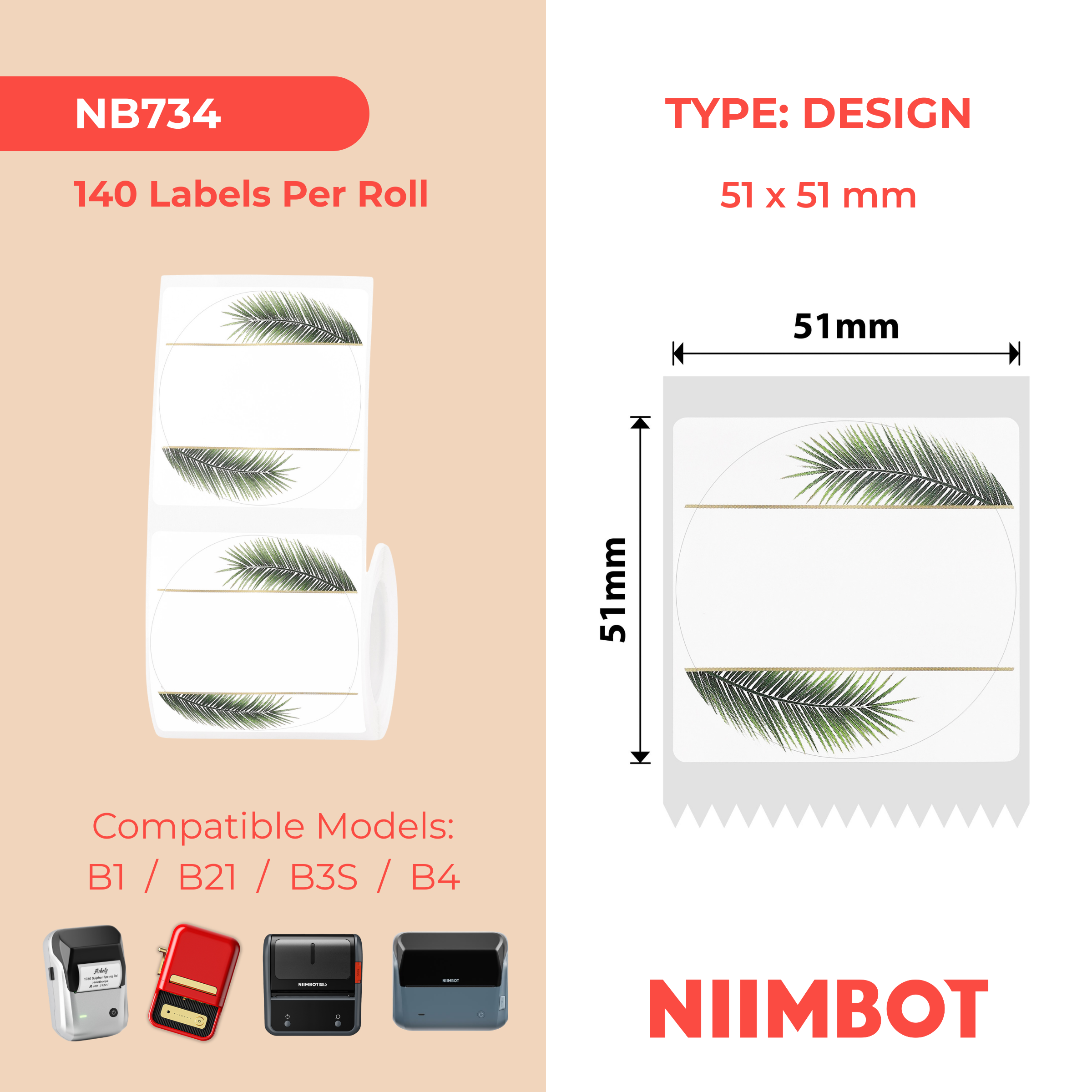 NB734 - Niimbot - B1 / B21 / B31 / B3S / B4 - 51x51mm - 140 Leaf Round Labels