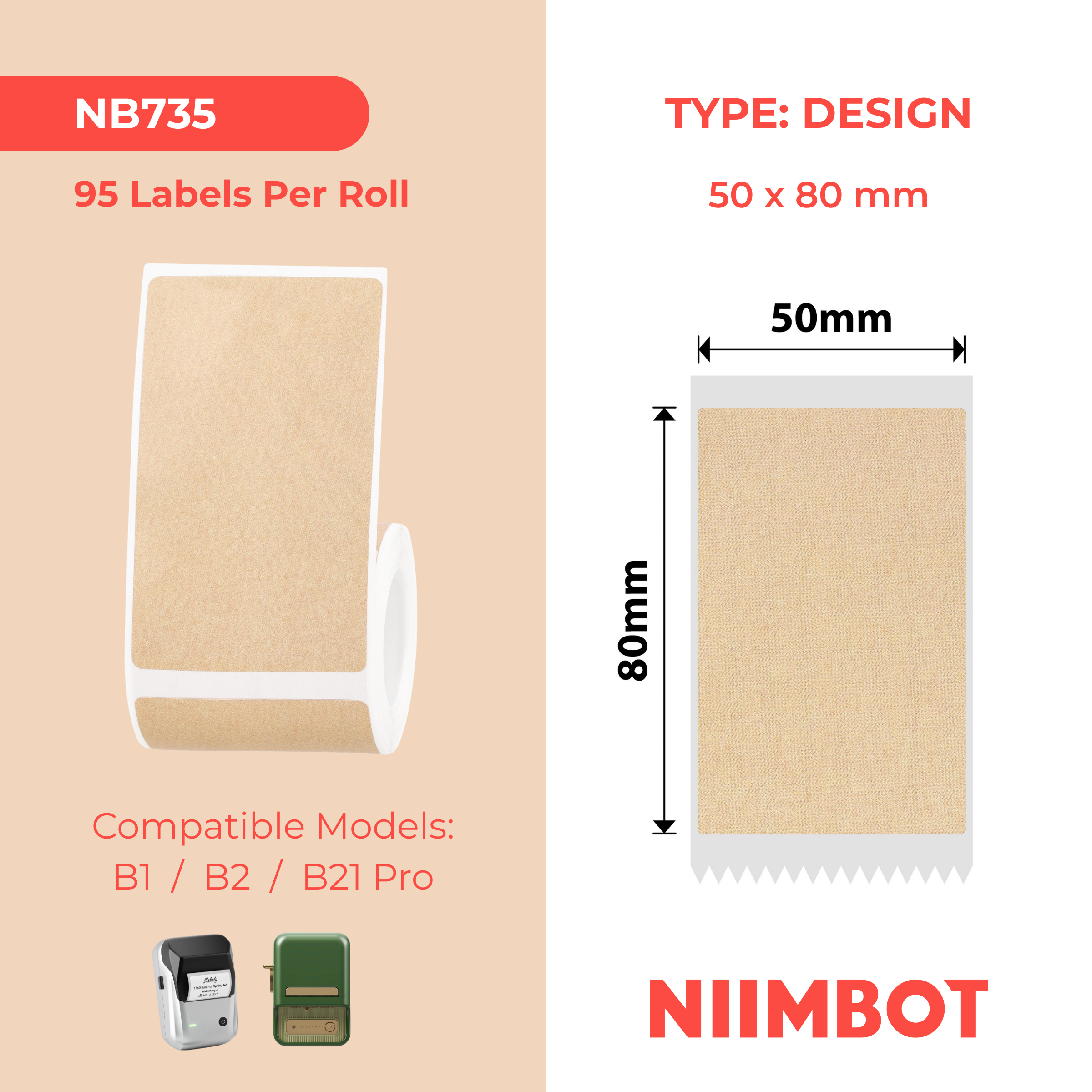 NIIMBOT - B1, B2, B21_PRO MODELS ONLY - 50X80MM - 95 LABELS - RED & BLACK DUAL COLOUR - KRAFT PAPER