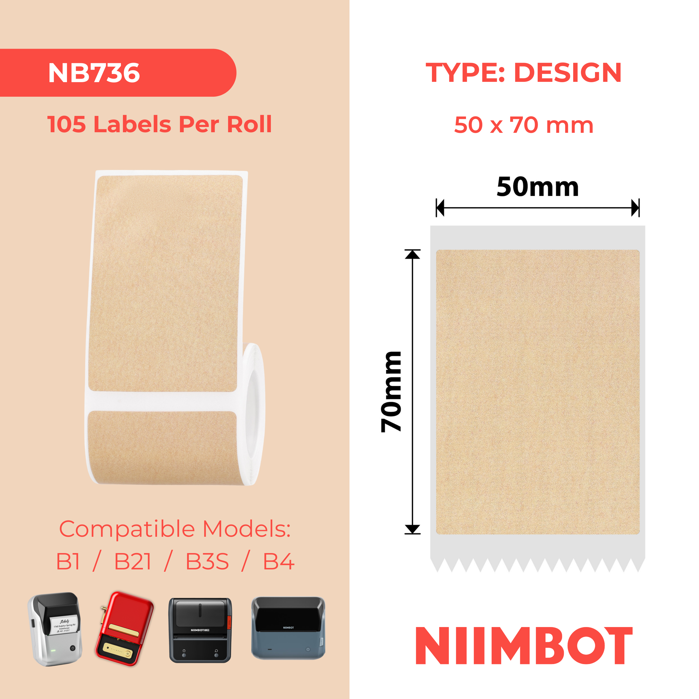NB736 - Niimbot - B1 / B21 / B31 / B3S / B4 - 50x70mm - 105 Kraft Labels