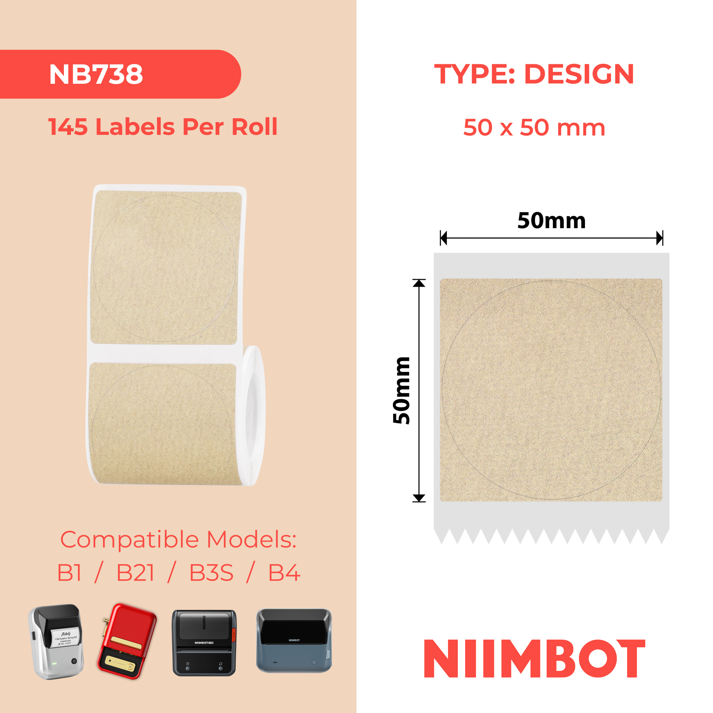 NB738 - Niimbot - B1 / B21 / B3S / B4 - 50x50mm - 145 Kraft Labels