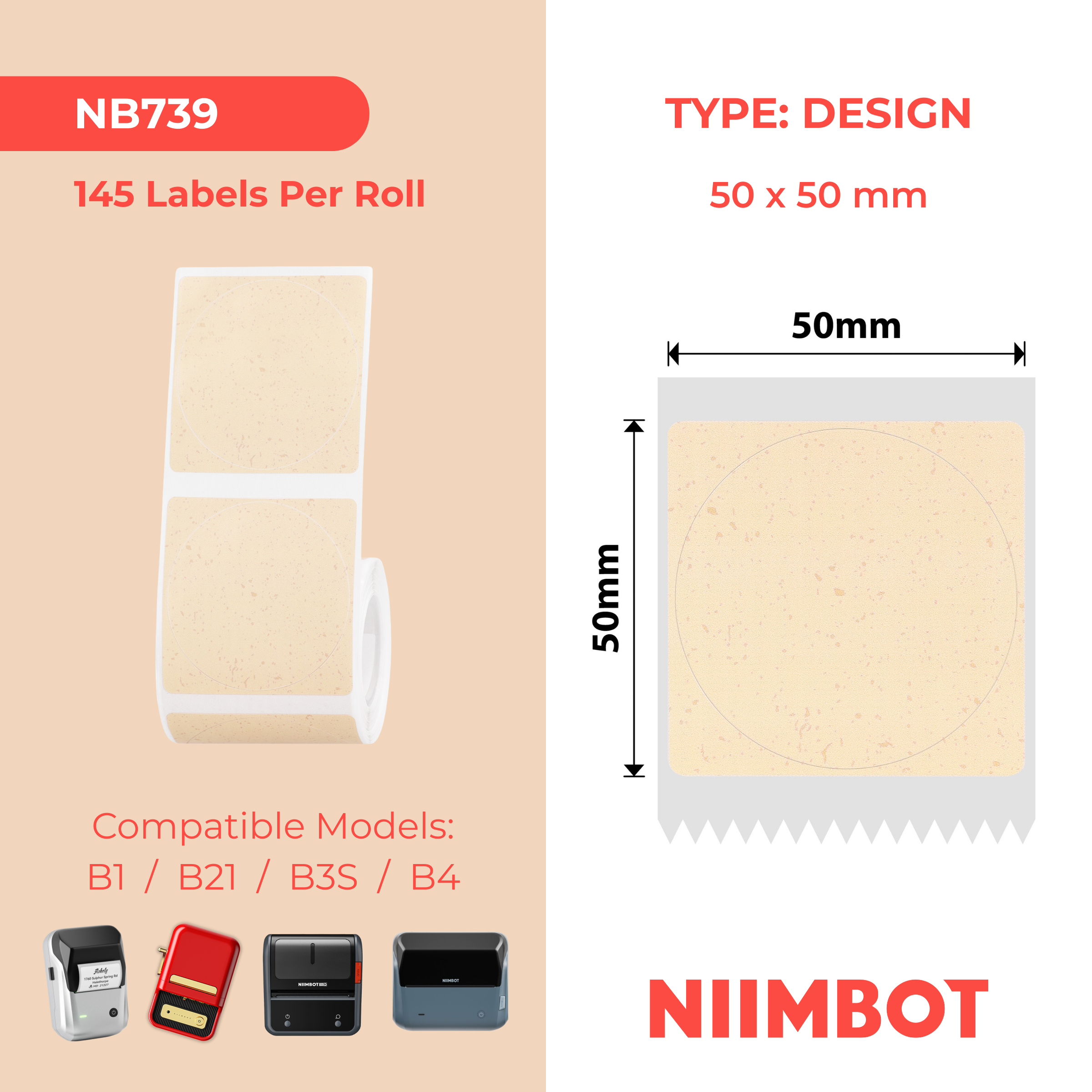 NB739 - Niimbot - B1 / B21 / B31 / B3S / B4 - 50x50mm - 145 Kraft Labels