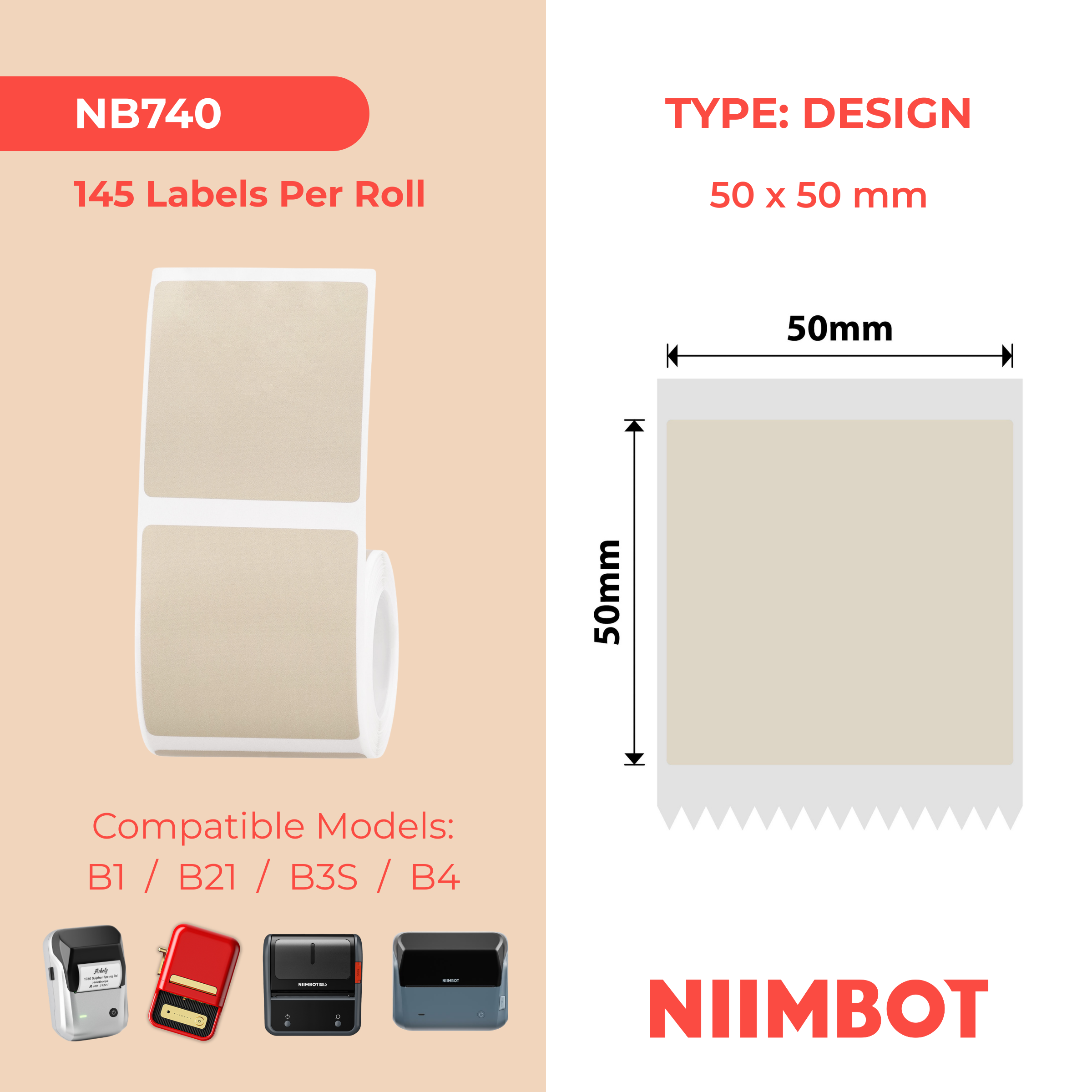 NB740 - Niimbot - B1 / B21 / B31 / B3S / B4 - 50x50mm - 145 Kraft Labels