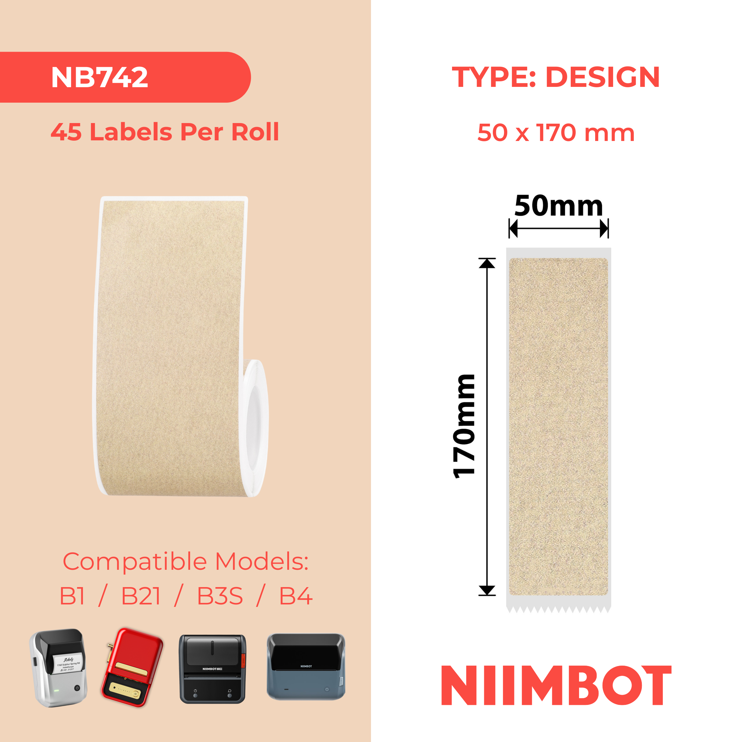 NB742 - Niimbot - B1 / B21 / B31 / B3S / B4 - 50x170mm - 45 Kraft File Labels