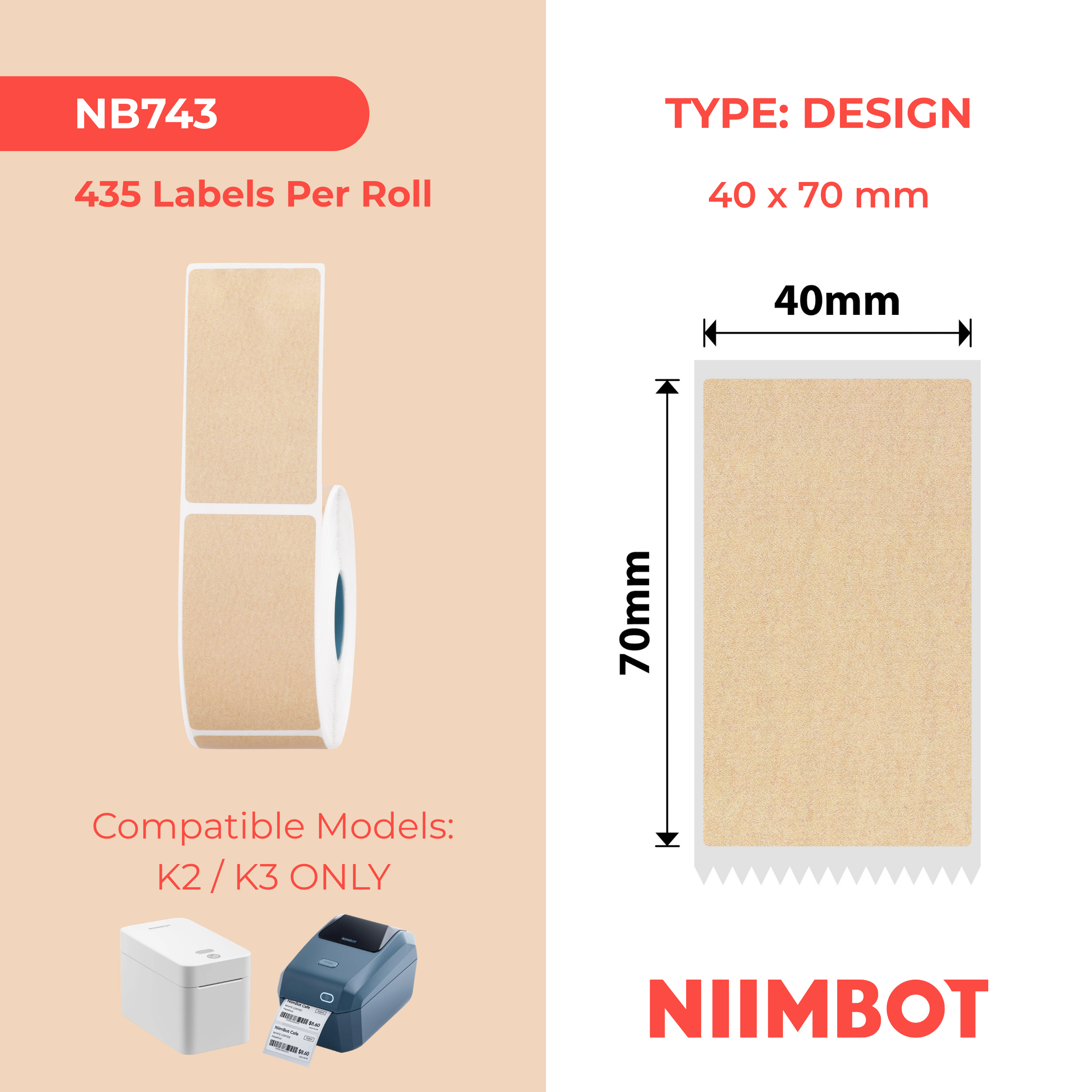 NB743 - Niimbot - K2 / K3 - 40x70mm - 435 Kraft Labels