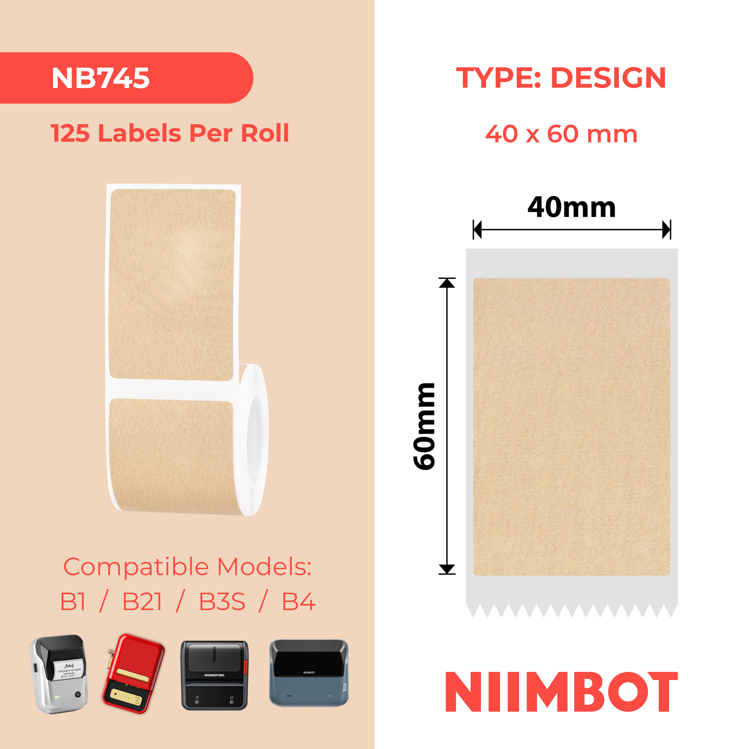 NB745 - Niimbot - B1 / B21 / B31 / B3S / B4 - 40x60mm - 125 Kraft Labels