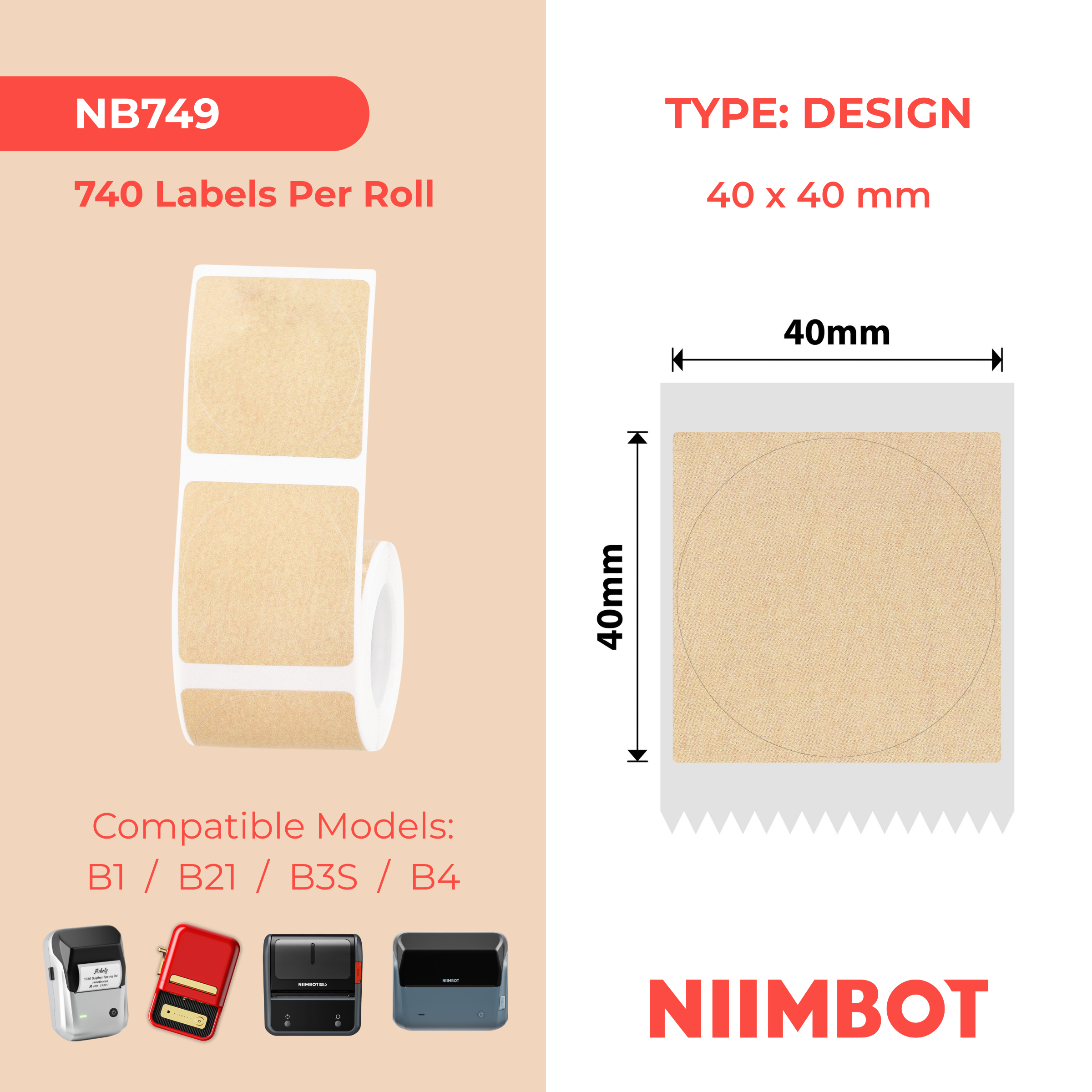 NB749 - Niimbot - B1 / B21 / B31 / B3S / B4 - 40x40mm - 180 Kraft Round Labels