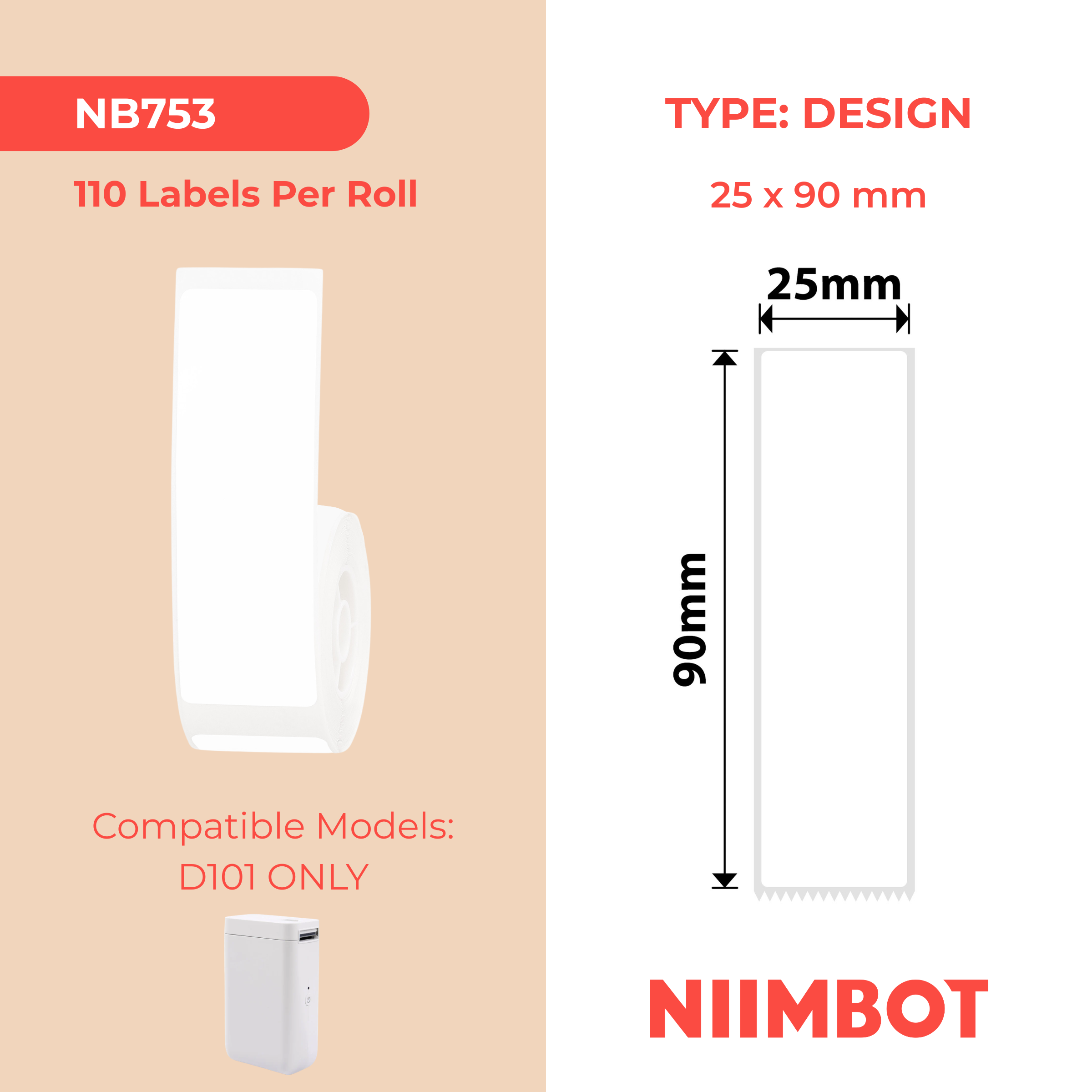 NIIMBOT - D101 ONLY - 25X75MM - 90 LABELS - WHITE