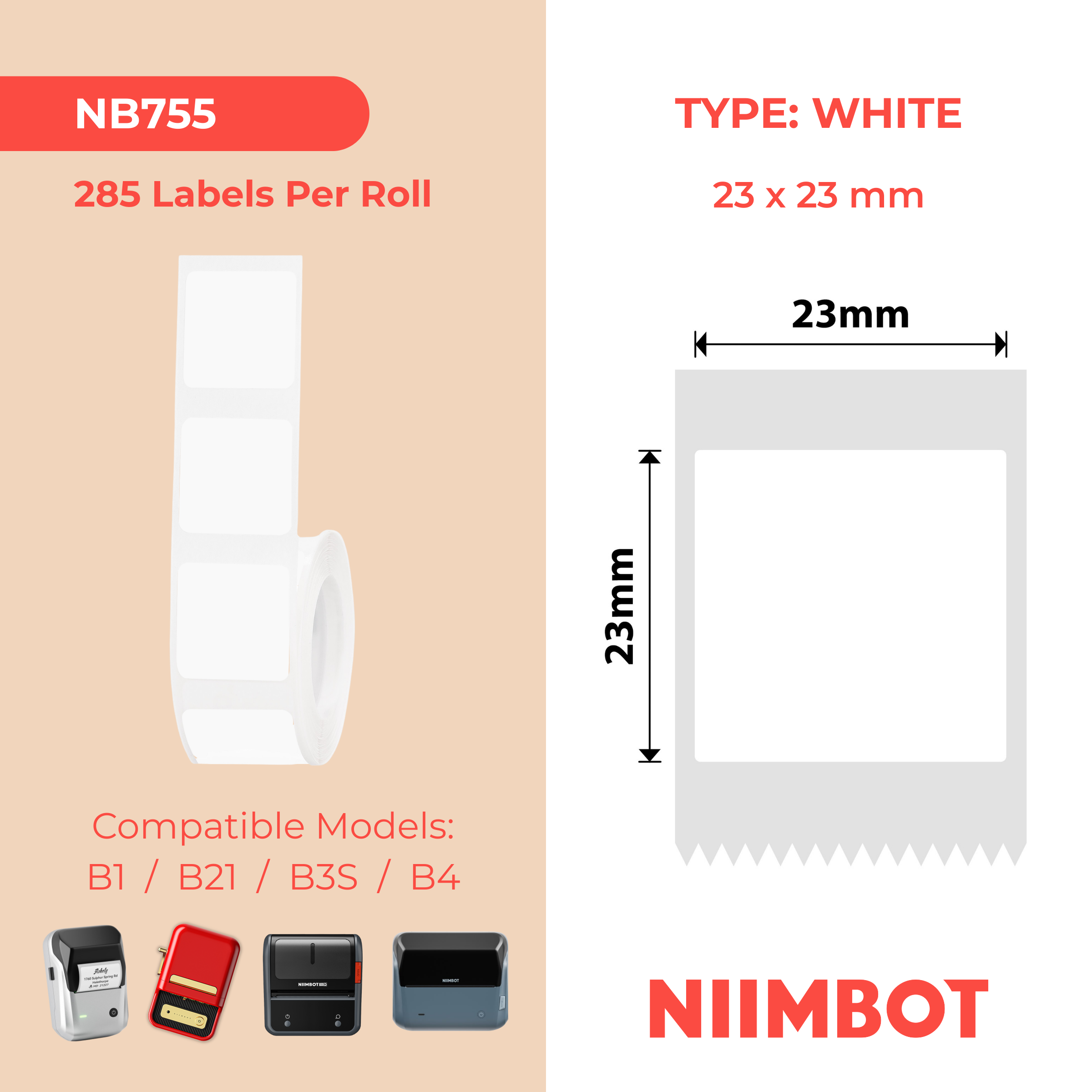 NB755 - Niimbot - B1 / B21 / B31 / B3S / B4 - 23x23mm - 285 White (M Style) Labels