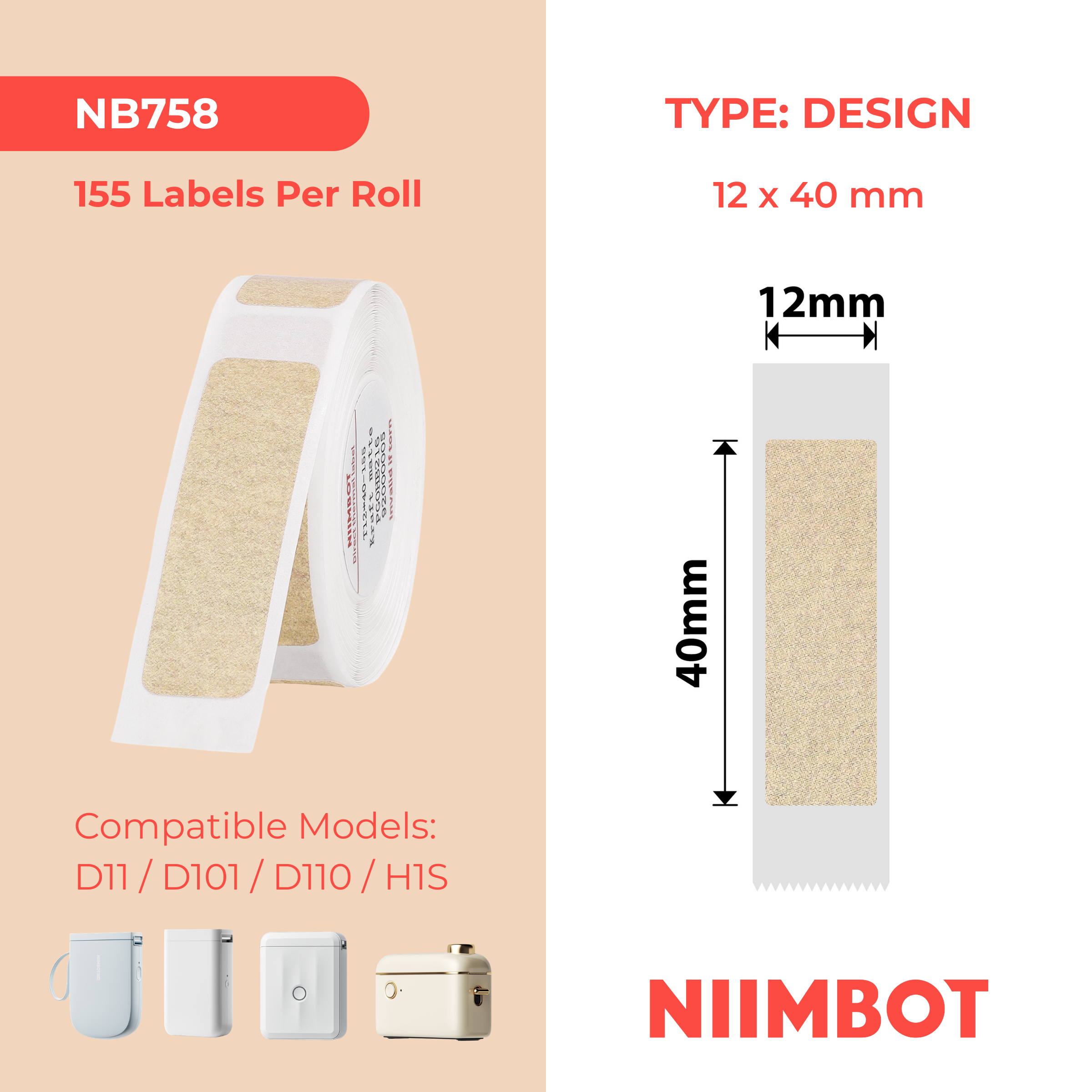 NB758 - Niimbot - D11 / D101 / D110 / H1S - 12x40mm - 155 Kraft Labels