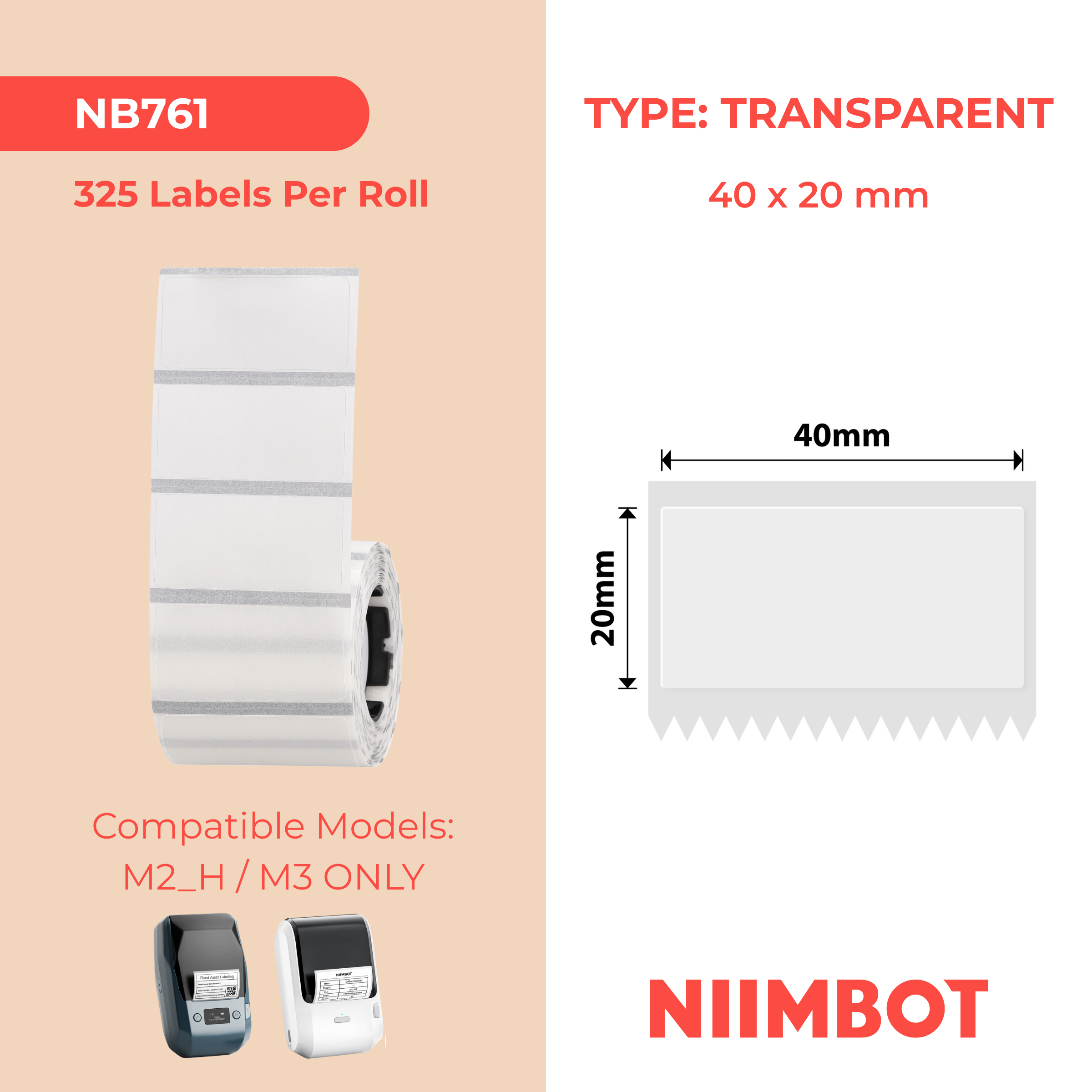 NIIMBOT - M2 / M3 - 40X20MM - 325 LABELS - TRANSPARENT