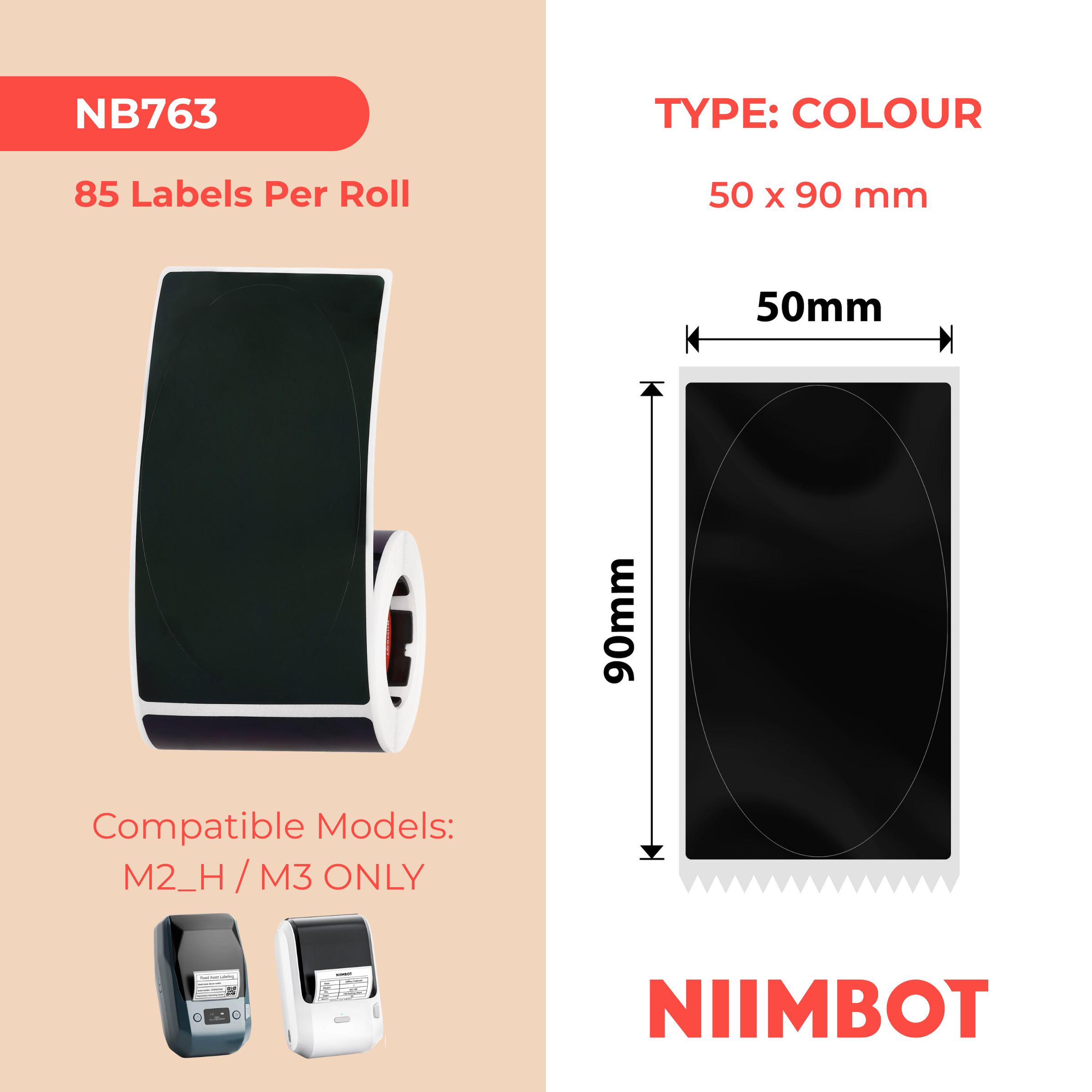 NB763 - Niimbot - M2 / M3 - 50x90mm - 85 Black Oval Labels