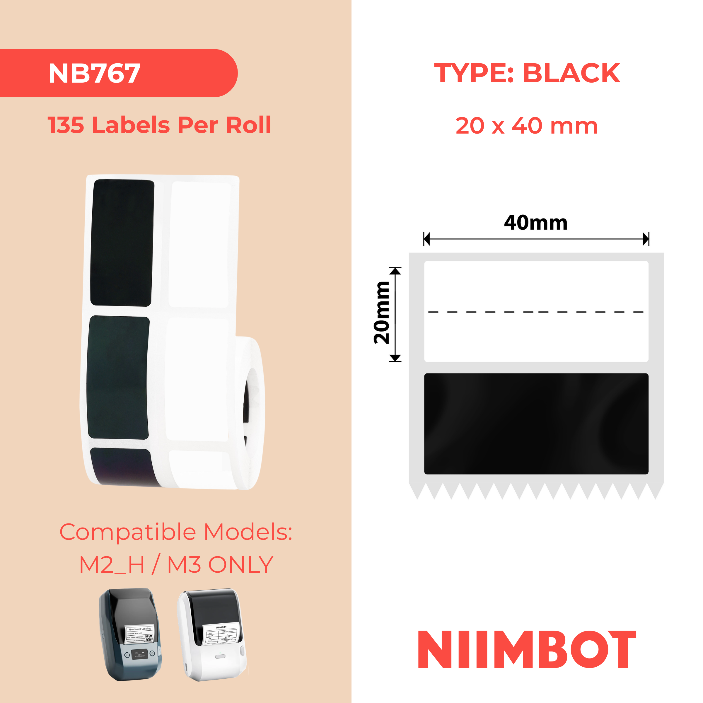 NB767 - Niimbot - M2 / M3 - 20x40mm+25.25 - 135 Black Self-Adhesive Labels